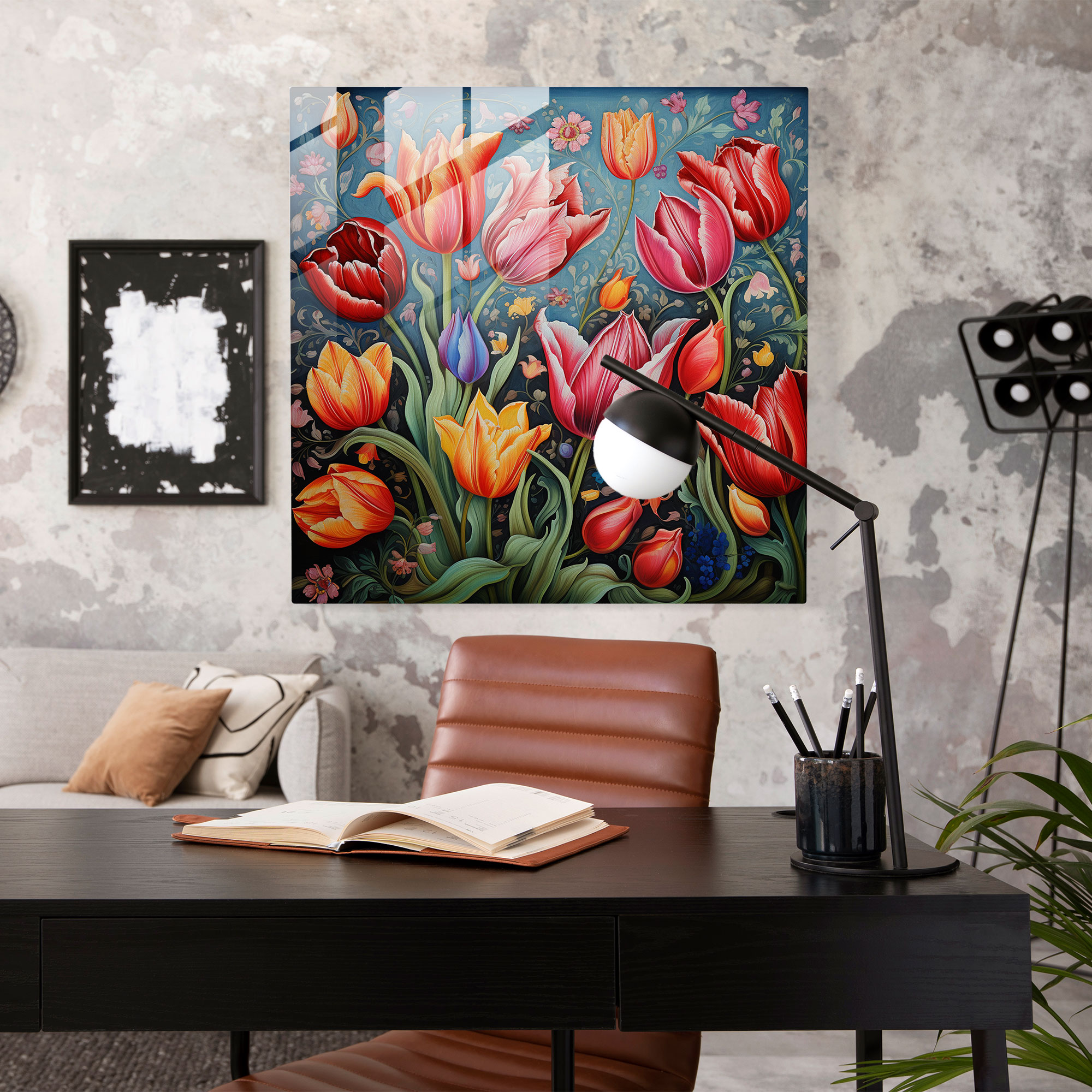 Anatolia Tulip Glass Print - Anatolia, Wall Decoration, Traditional Turkish Painting, Blooming Tulips