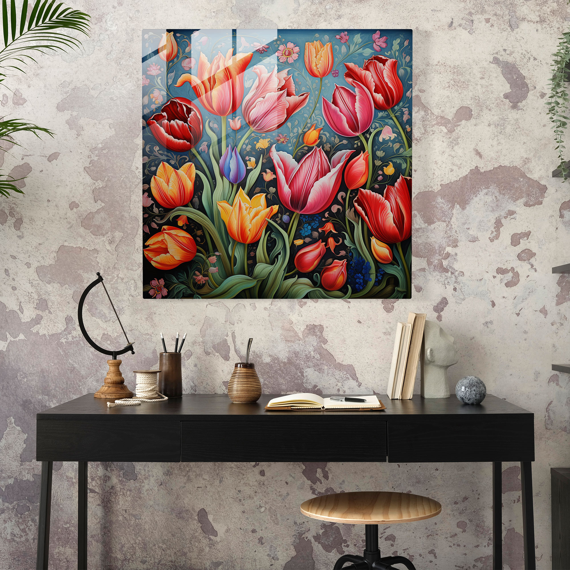 Anatolia Tulip Glass Print - Anatolia, Wall Decoration, Traditional Turkish Painting, Blooming Tulips
