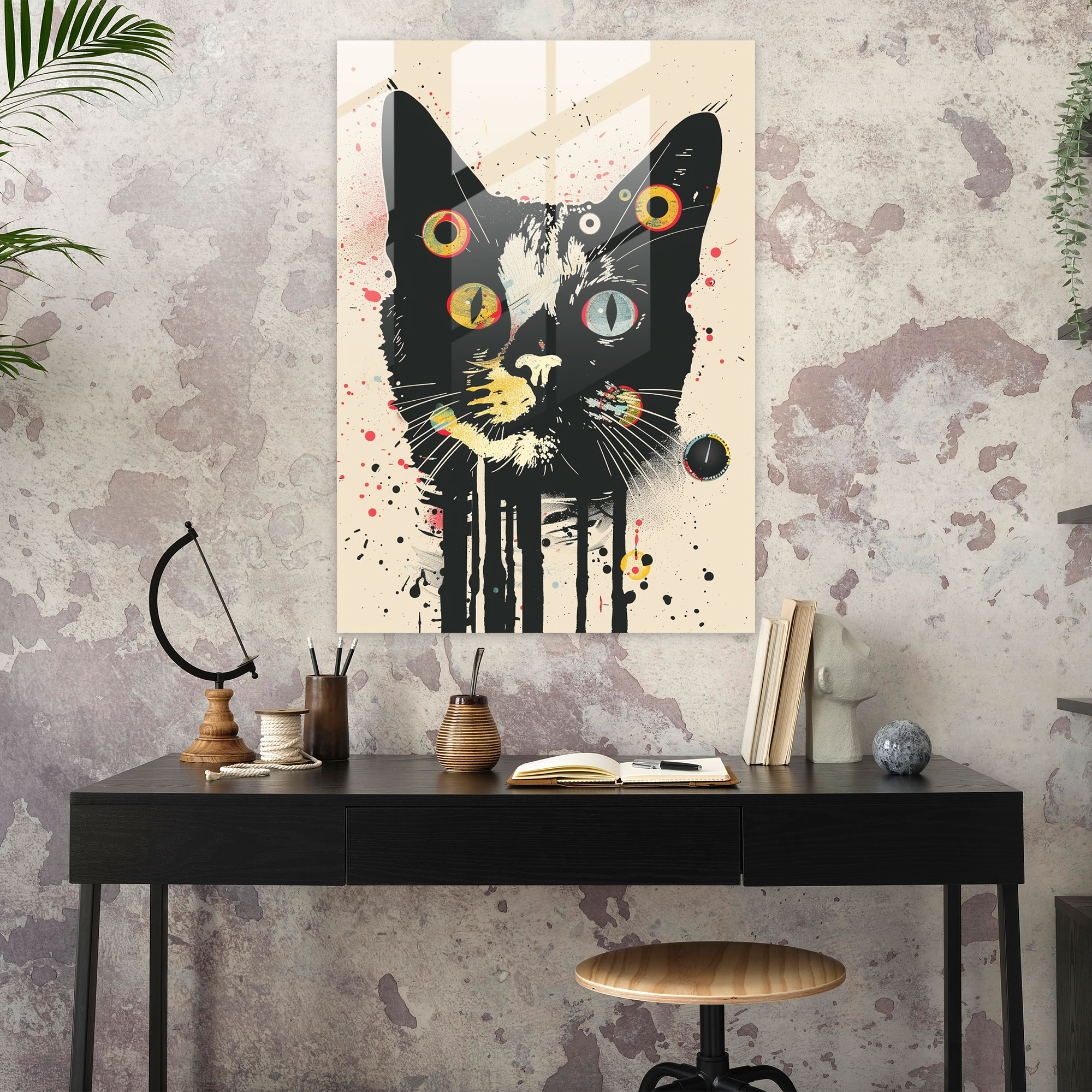 Andy Warhol Cam Tablo Sıradışı Kedi - Andy Warhol Kedi Sanatı Cam Duvar Sanatı Sıradışı Tasarım