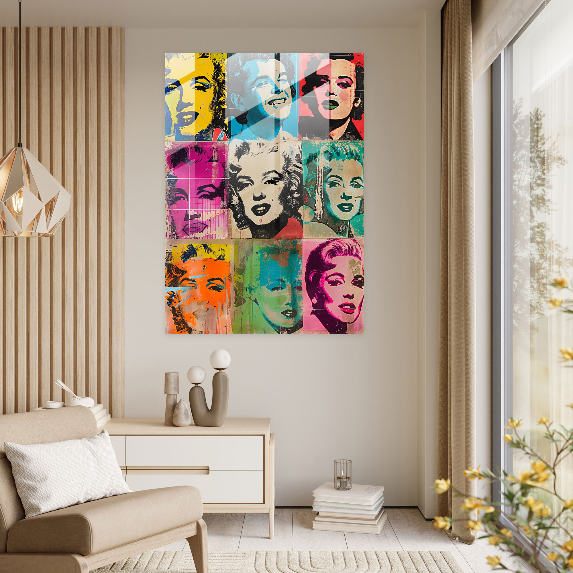 Andy Warhol Cam Duvar Sanatı Ünlü Kolaj - Kanvas Tablo Cam Sanat Cam Duvar Sanatı