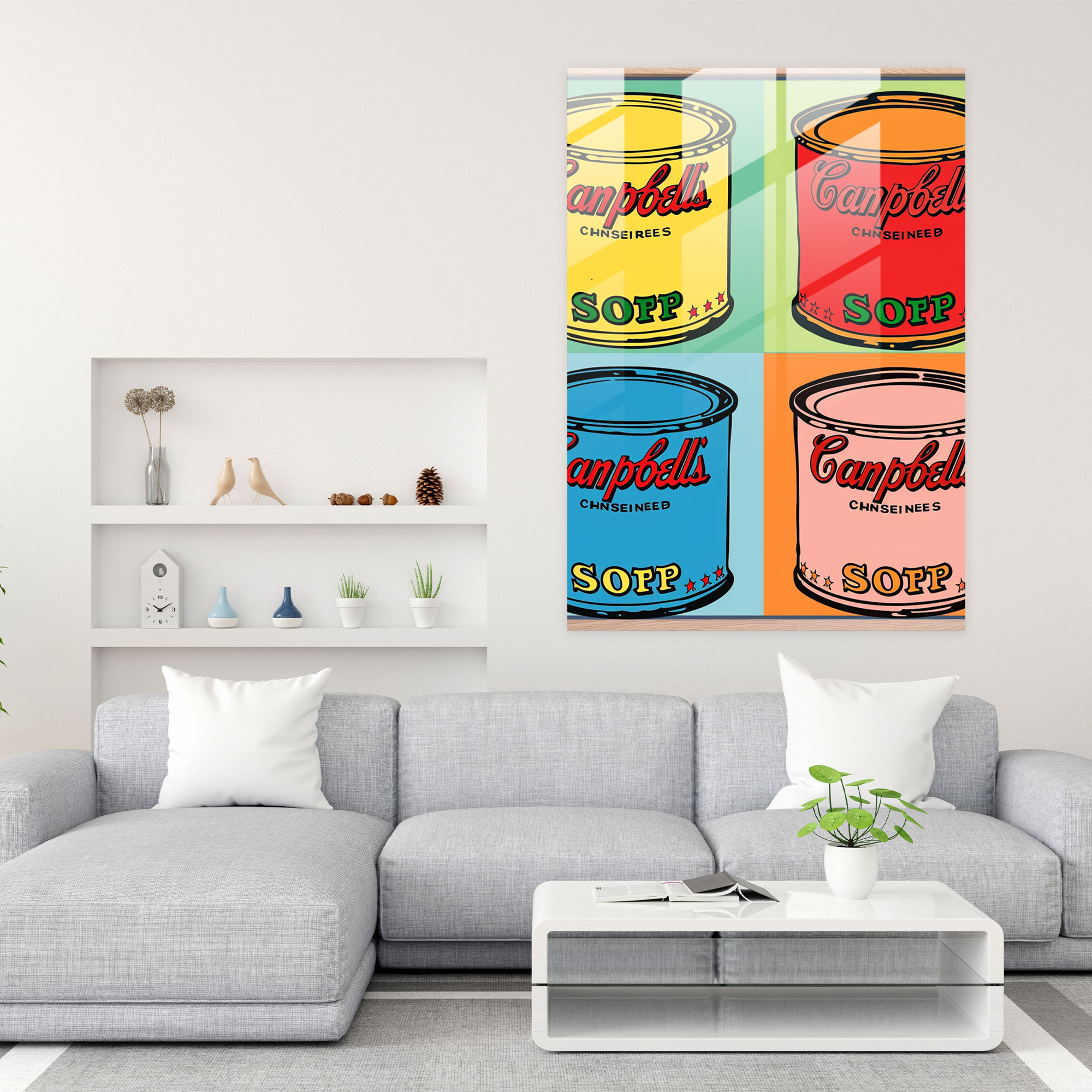 Andy Warhol'un Glass Art - Campbell's Soup Kutuları
Not: Wall Decoration kelimesini Türkçe'de Duvar Dekorasyonu olarak kullanabilirsiniz.