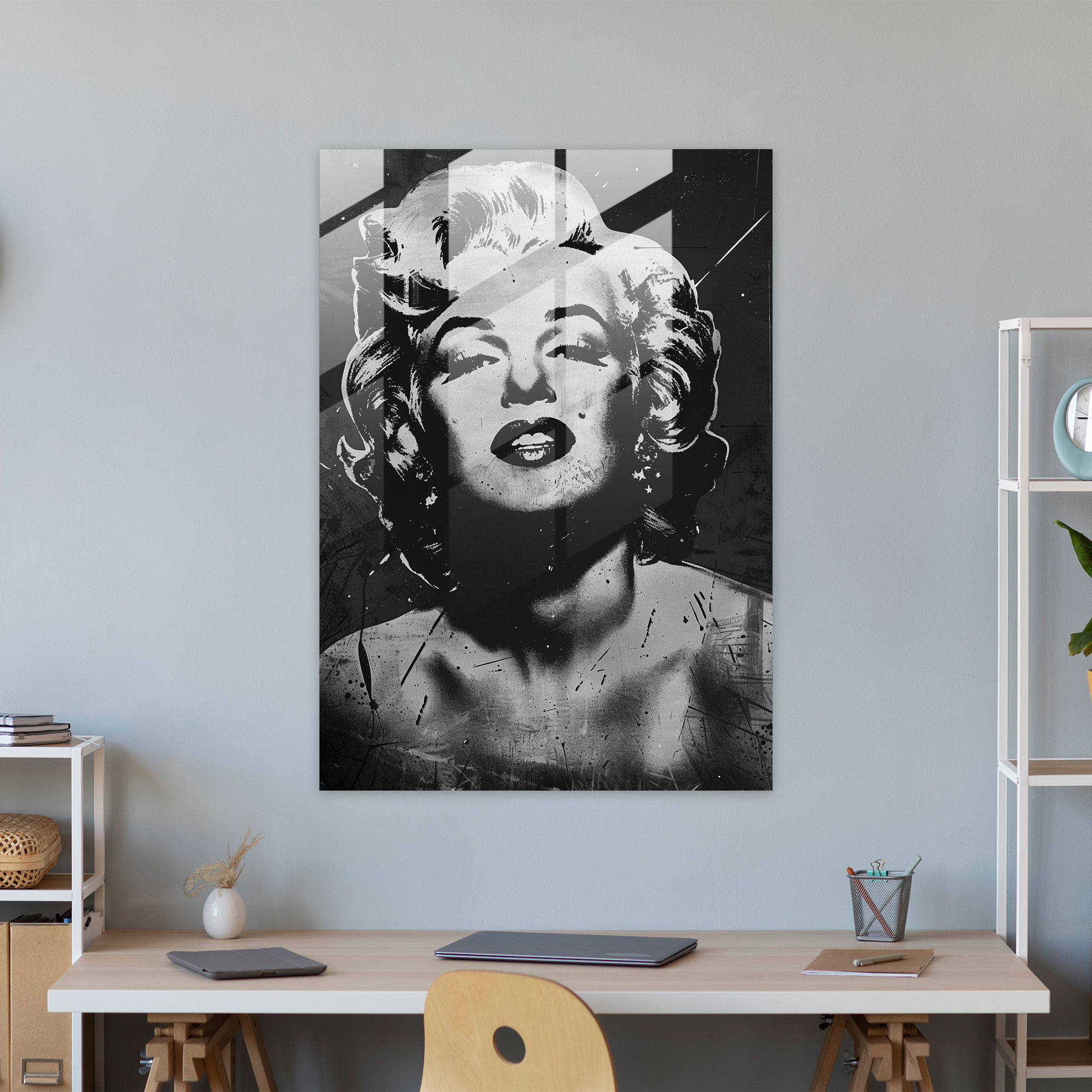 Andy Warhol Cam Tablosu - Marilyn Monroe Siyah Beyaz Portre Cam Duvar Sanatı