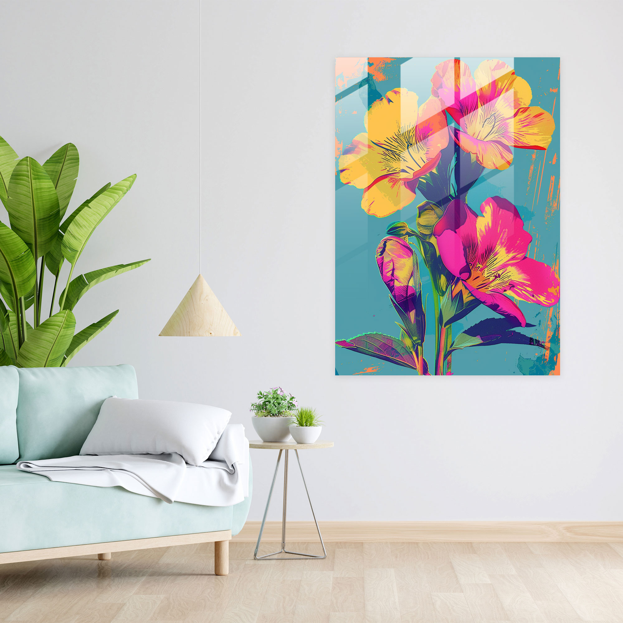 Canlı Pop Sanat Çiçekleri Cam Tablo - Andy Warhol Ev Dekorasyonu
