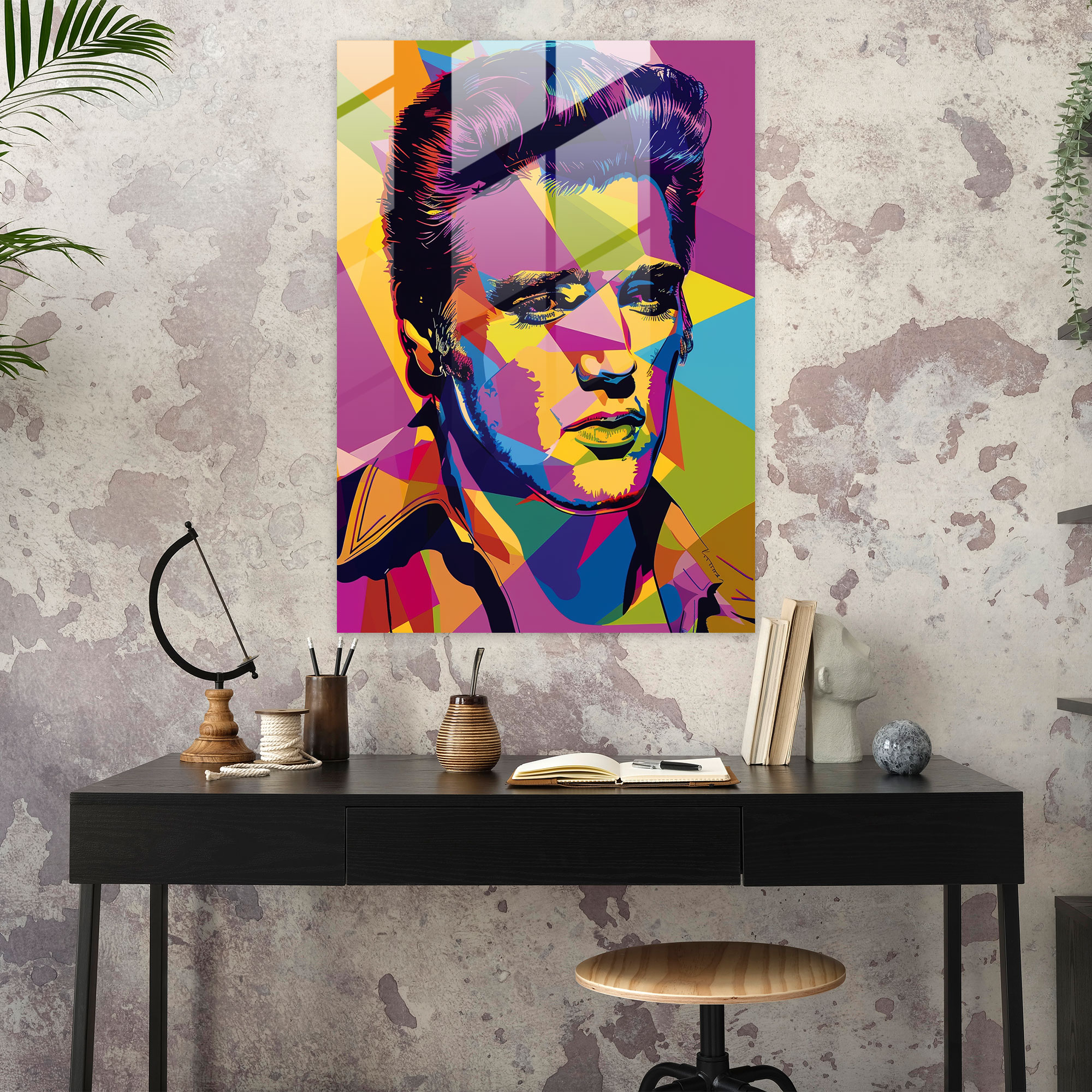 Renkli Elvis Presley Portresi Cam Tablo - Andy Warhol Modern Sanat Cam Sanatı