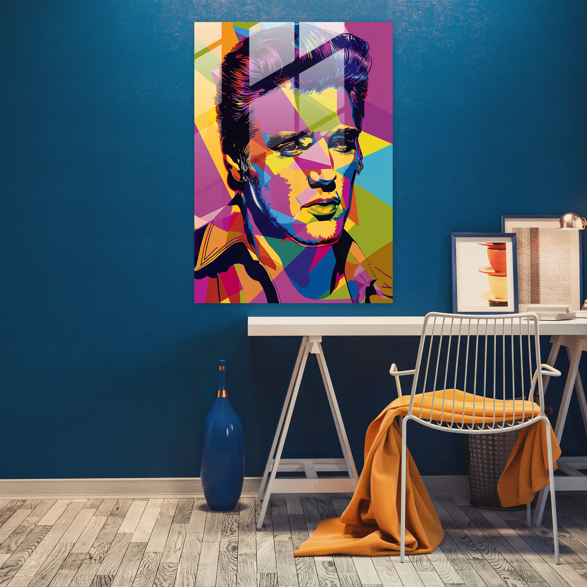 Renkli Elvis Presley Portresi Cam Tablo - Andy Warhol Modern Sanat Cam Sanatı