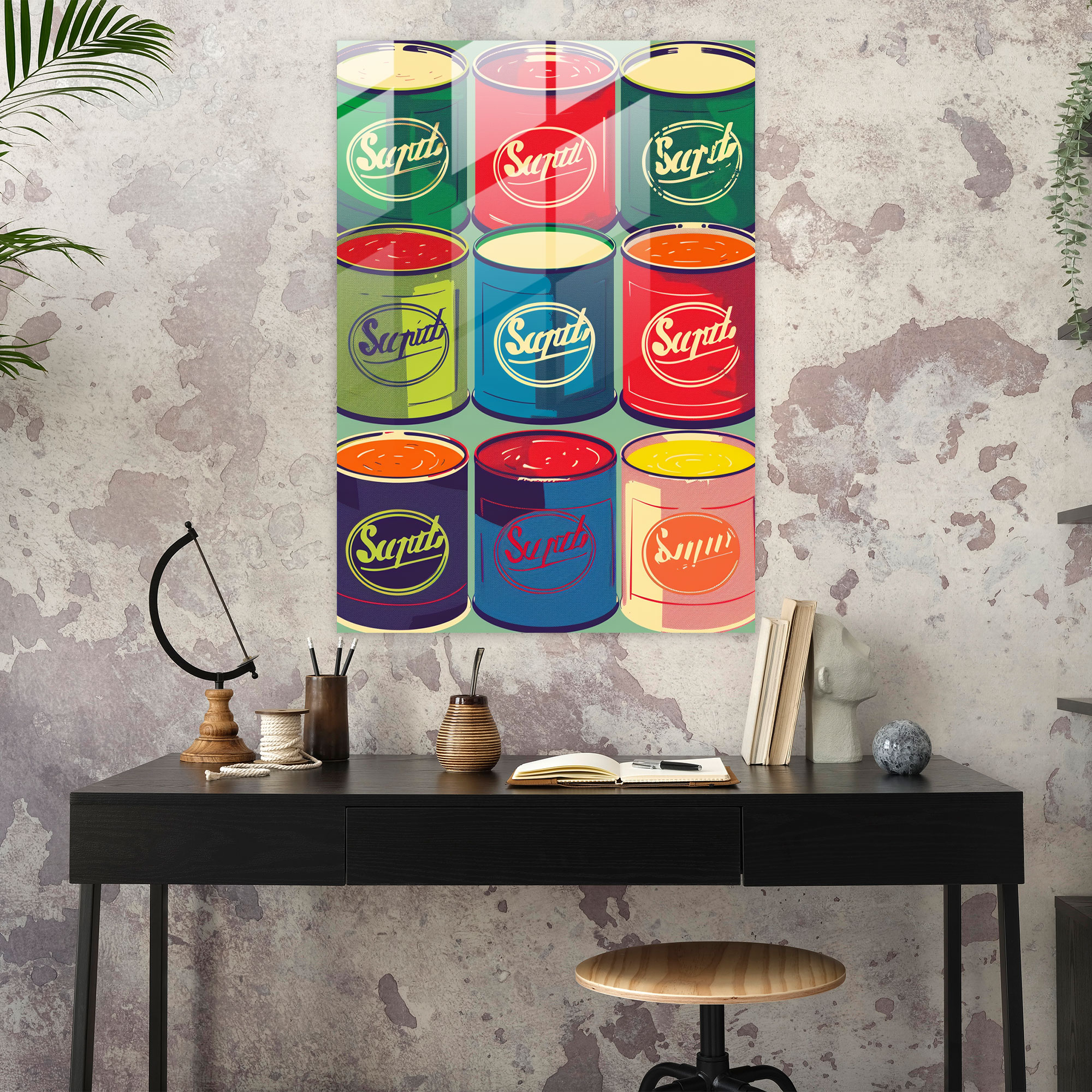 Retro Çorba Kutuları Cam Tablo - Andy Warhol Cam Sanatı Cam Duvar Sanatı