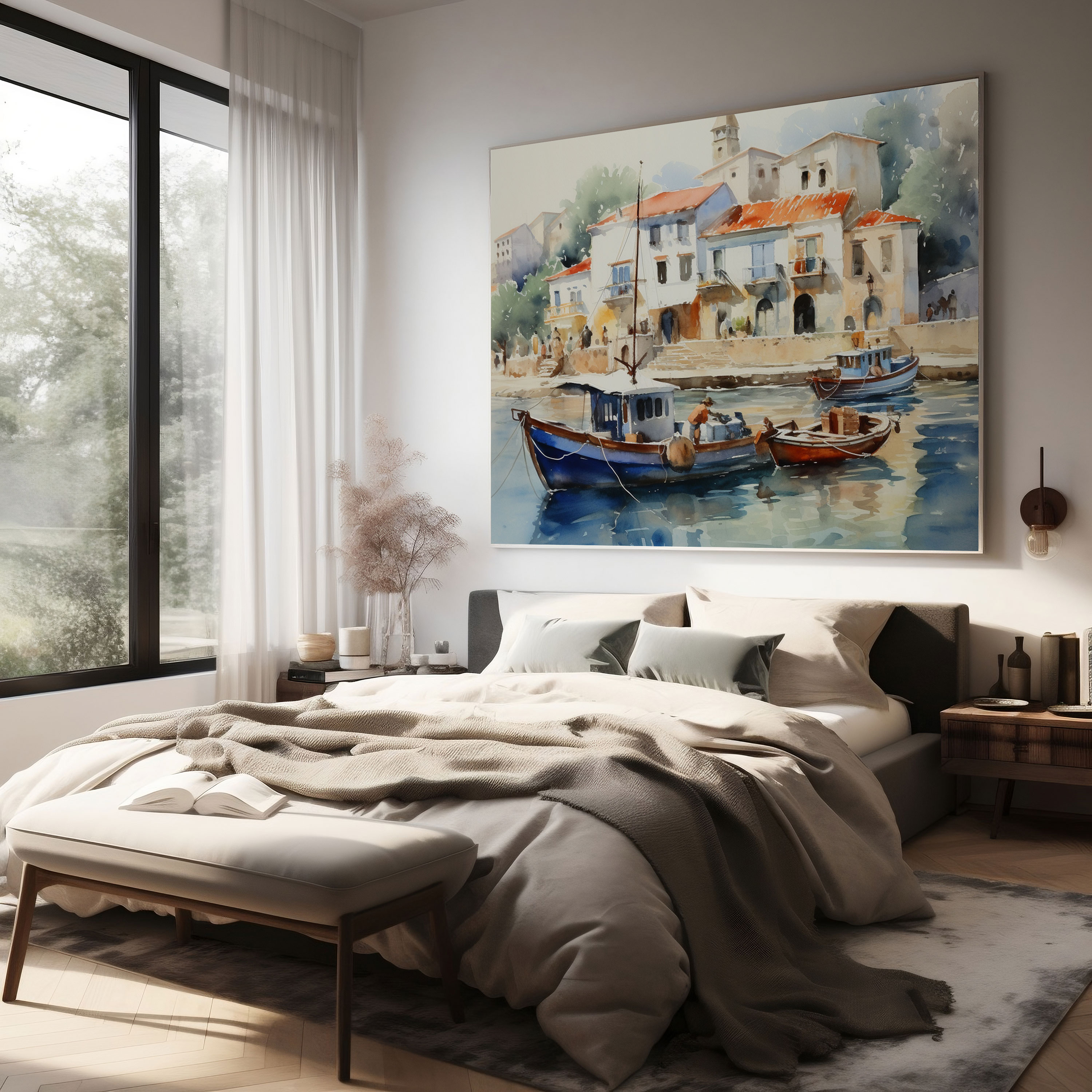 Anatolia Wall Art - Coastal Village Fishing Boats - Anatolia, Watercolor Painting, Canvas Print, Coastal Village