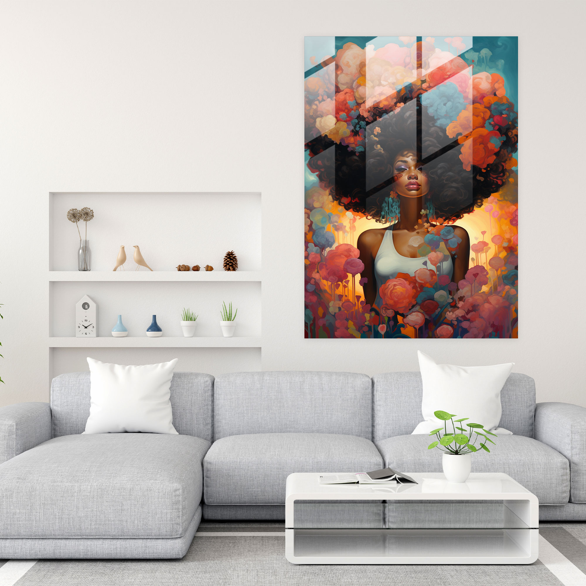 Şık Afro Güzelleri Cam Tablosu - Afro Modern Sanat Çeşitlilik Cam Duvar Sanatı