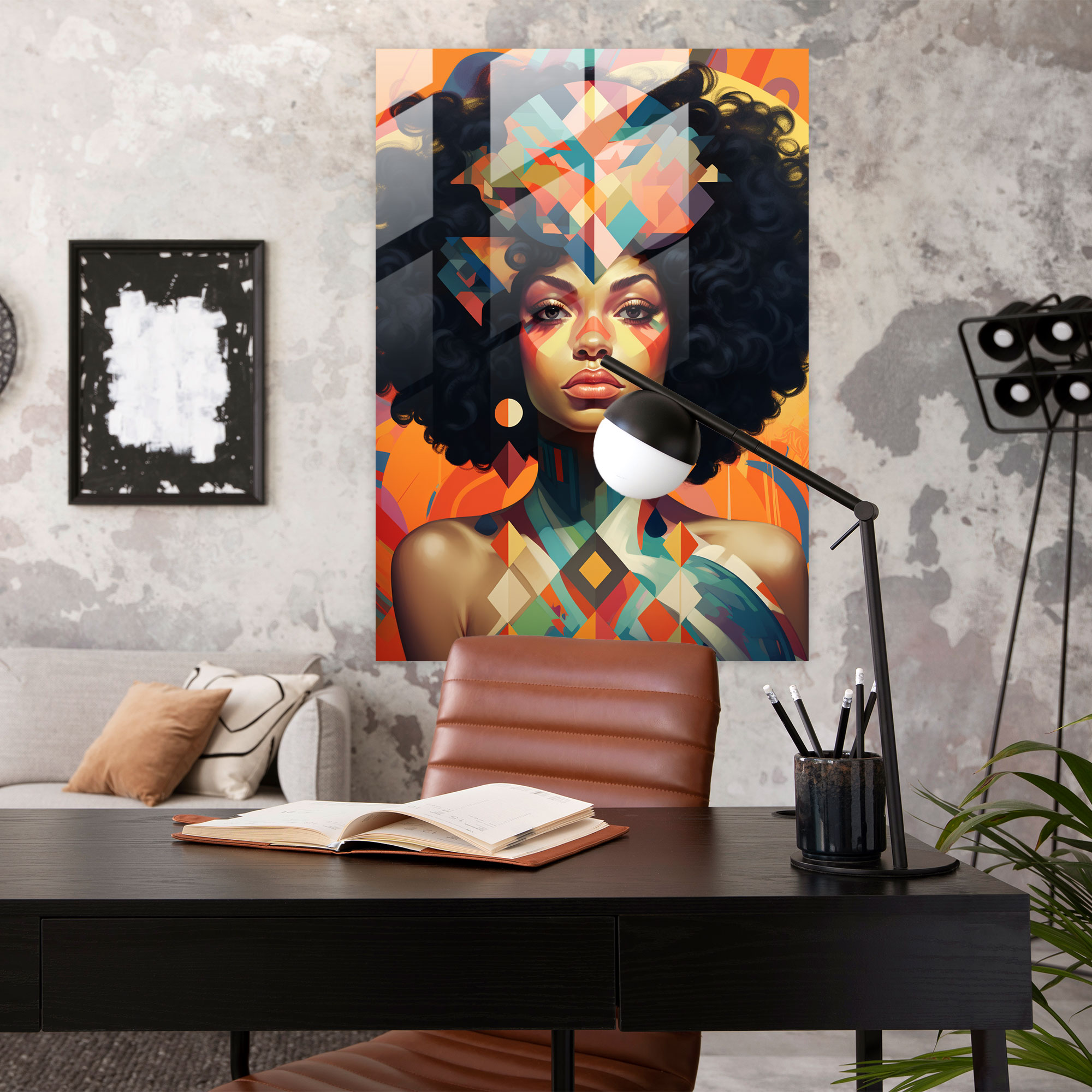 Afro Glass Print - Contemporary Digital Glass Wall Art - Afro, Geometric Background, Afro Woman, Contemporary Digital Illustration