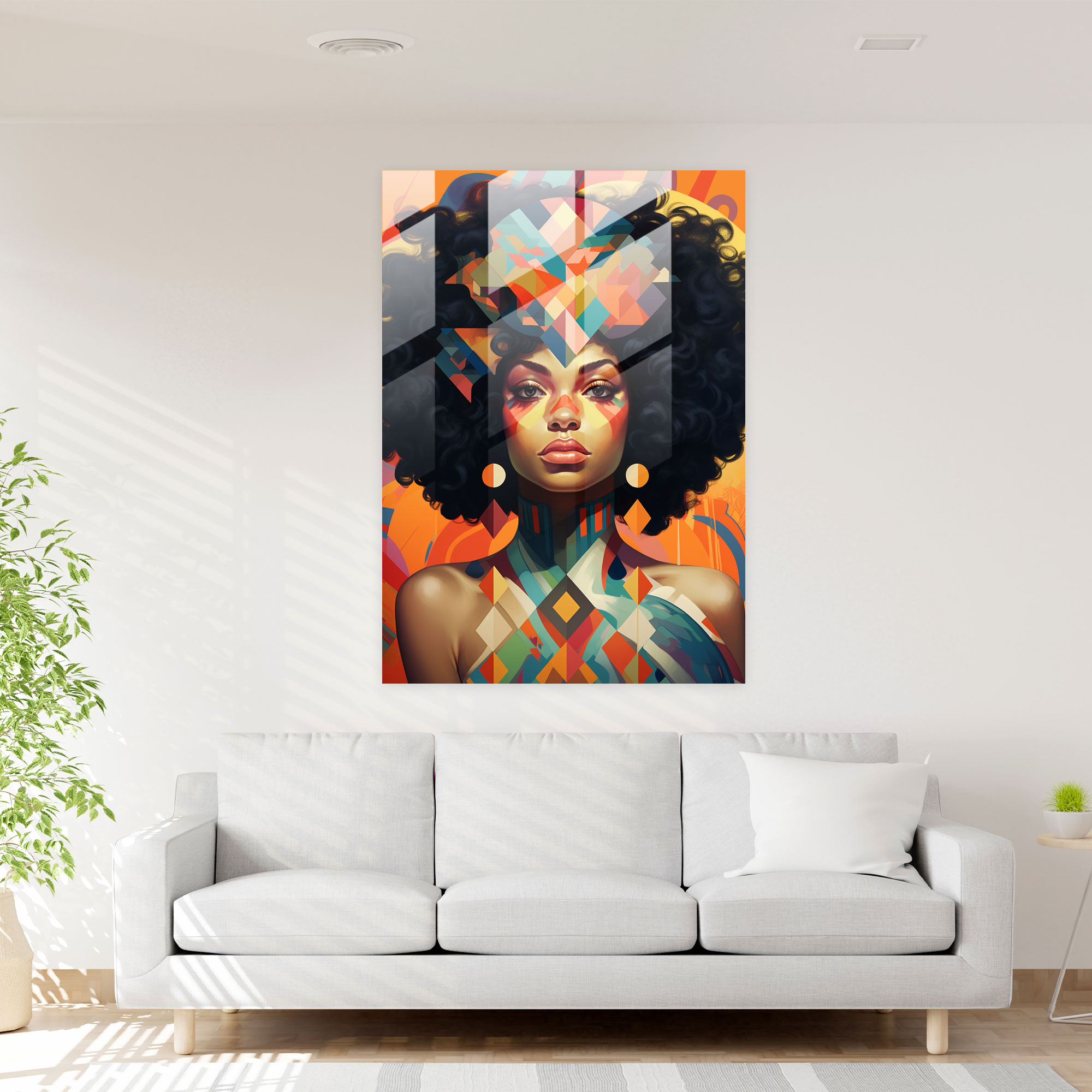 Afro Glass Print - Contemporary Digital Glass Wall Art - Afro, Geometric Background, Afro Woman, Contemporary Digital Illustration