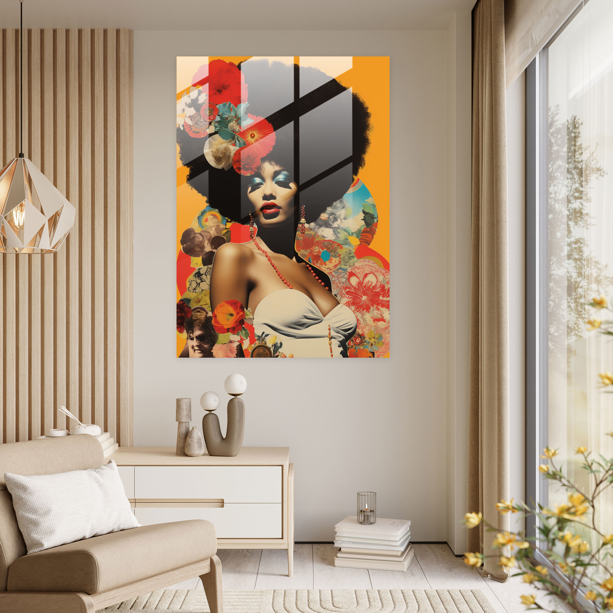 Afro Cam Tablo - Vintage Plak Kapakları Cam Duvar Sanatı - Afro Kolaj Modern Sanat Duvar Dekorasyonu