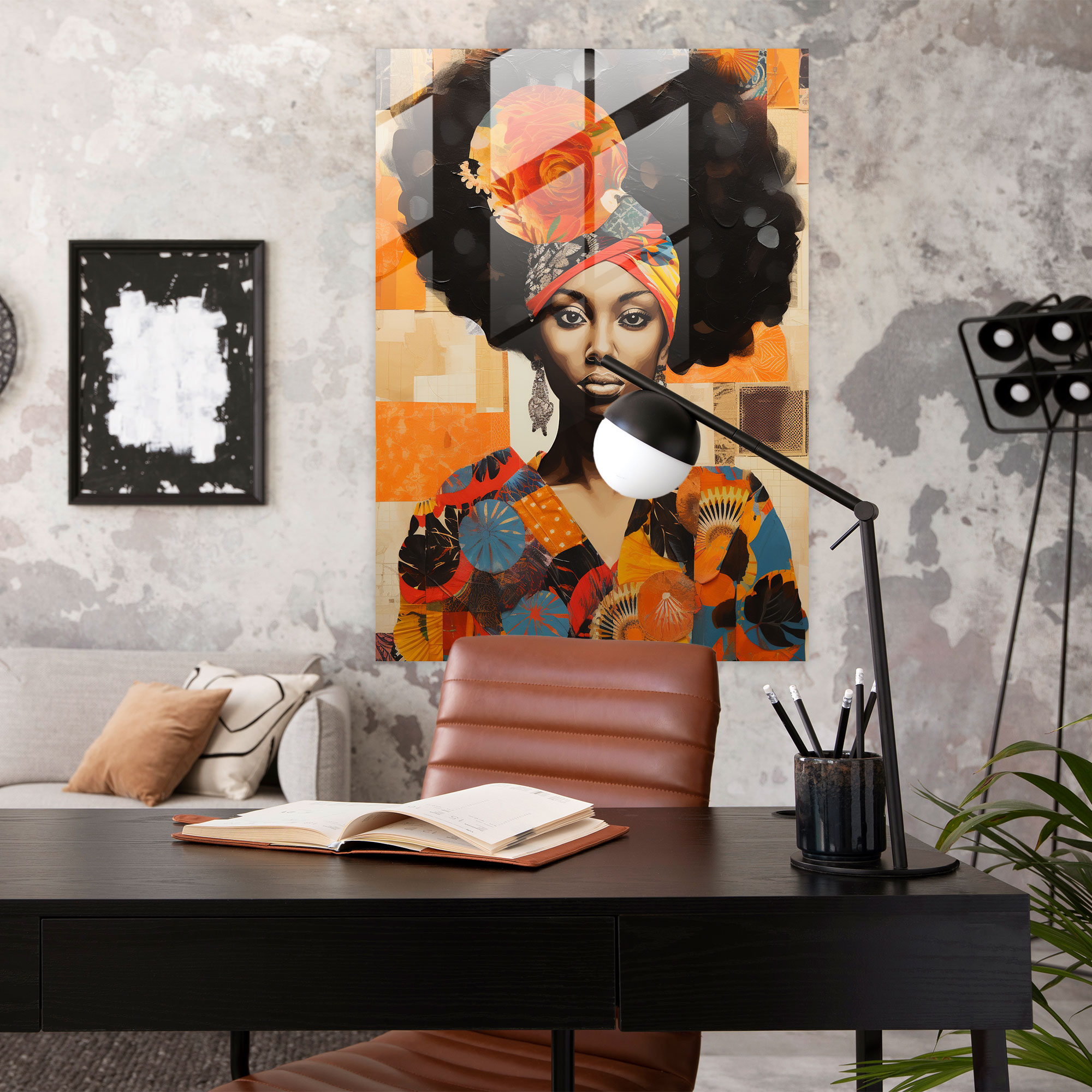 Afro Cam Duvar Sanatı - Afro Karışık Medya Sanat Eseri Cam Duvar Sanatı Kumaşlar
