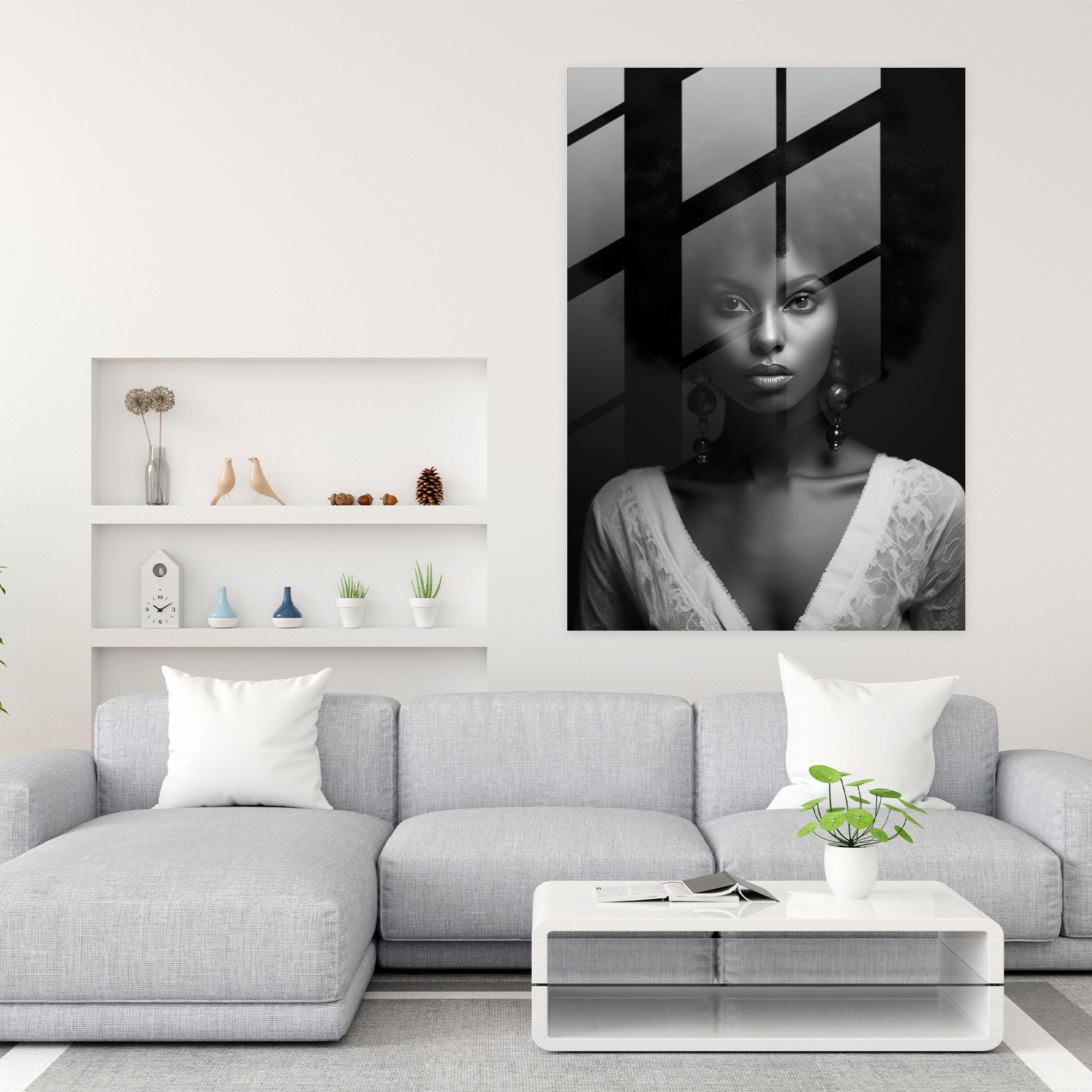 Afro Glass Print - Elegant Black & White Portrait - Afro, Black And White Photograph, Confident Gaze, Modern Art