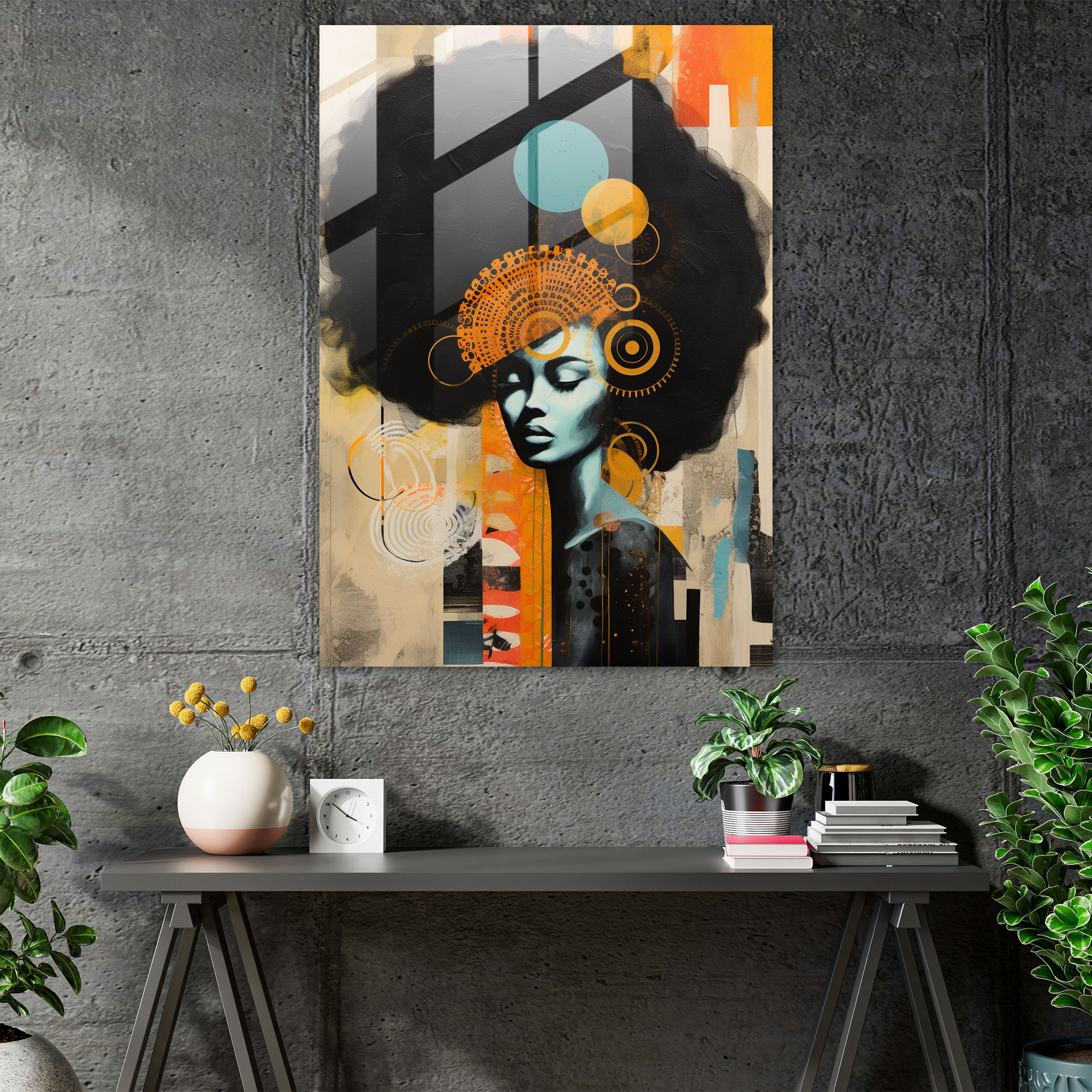 Afro Glass Print - Abstract Mixed Media Collage - Afro, Afro, Modern Design, Glass Print