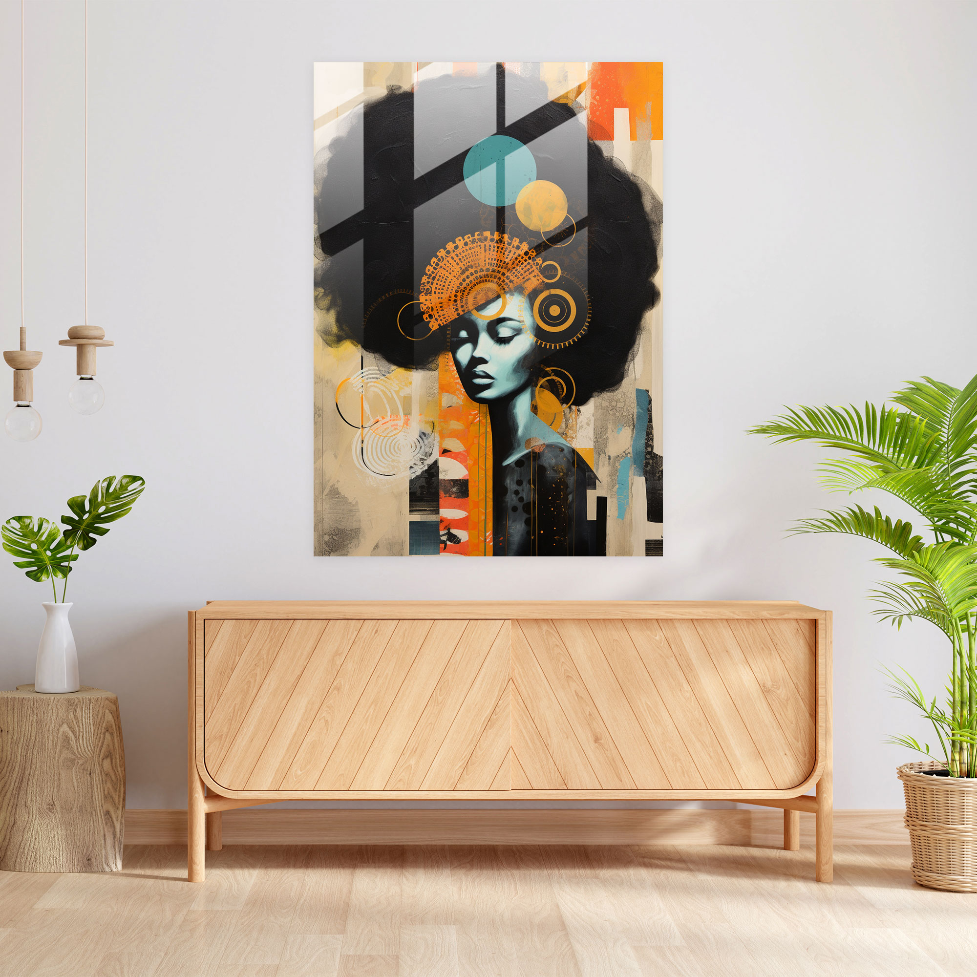 Afro Glass Print - Abstract Mixed Media Collage - Afro, Afro, Modern Design, Glass Print