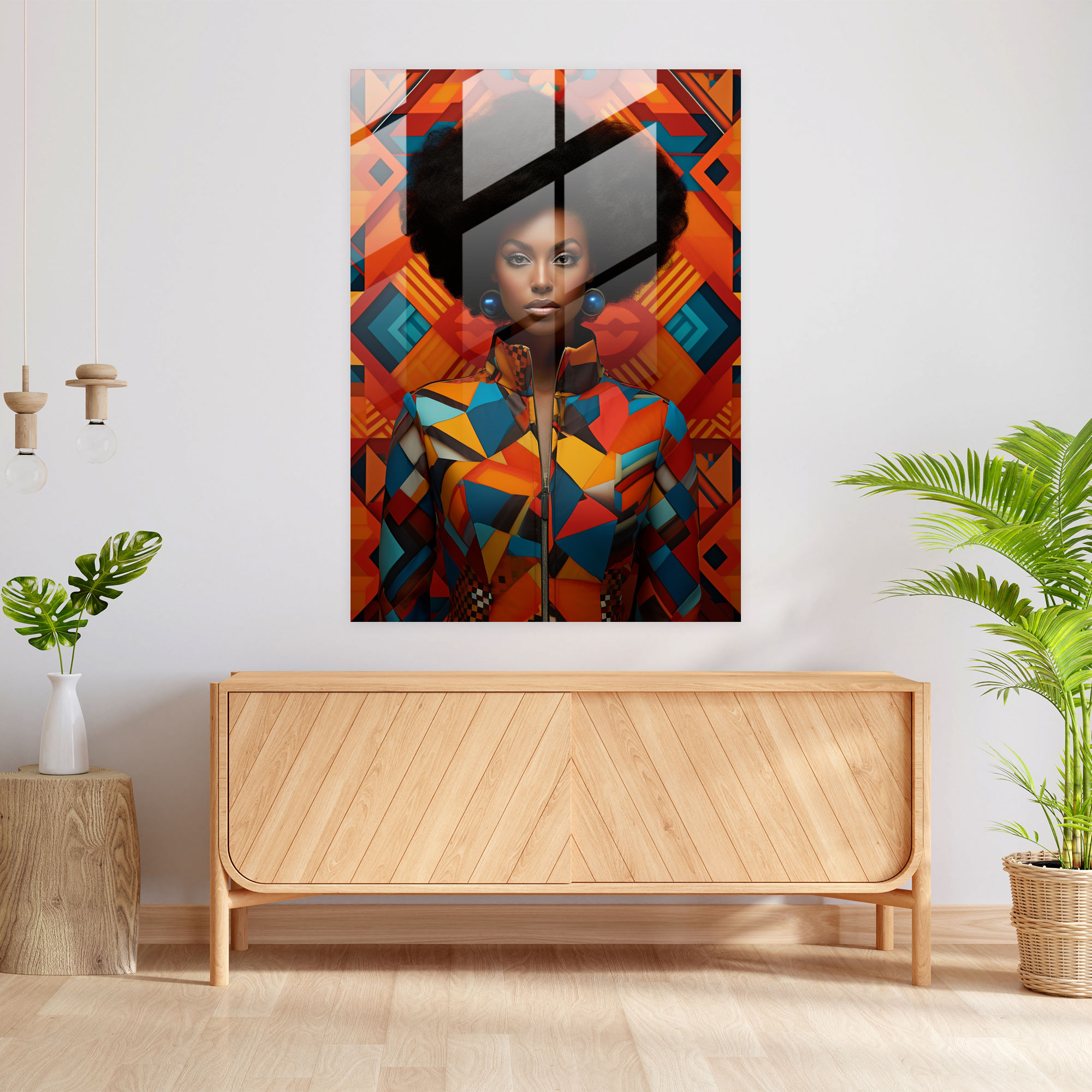 Afro Geometrik Desenli Cam Tablo - Ev Dekorasyonu Modern Sanat