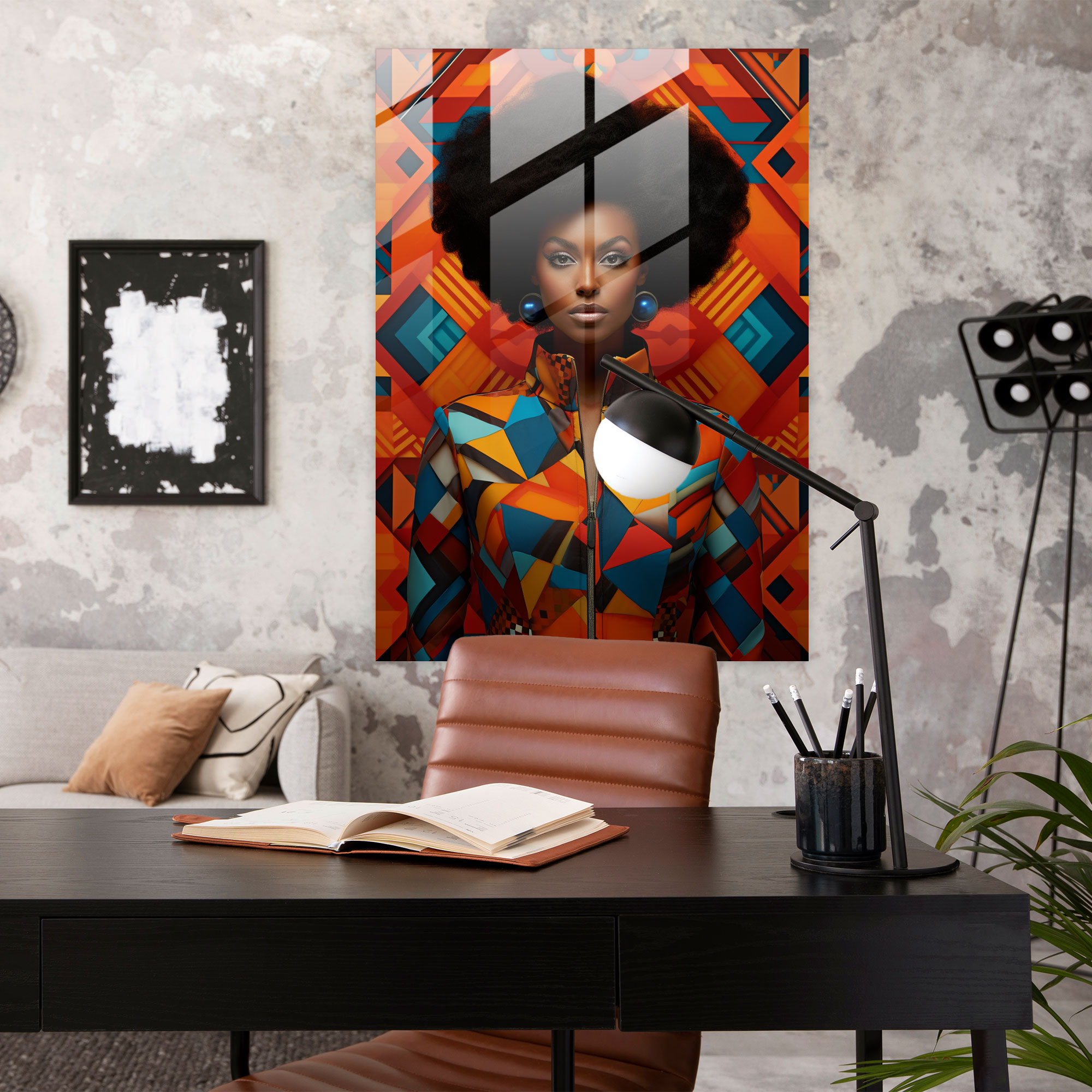 Afro Geometrik Desenli Cam Tablo - Ev Dekorasyonu Modern Sanat