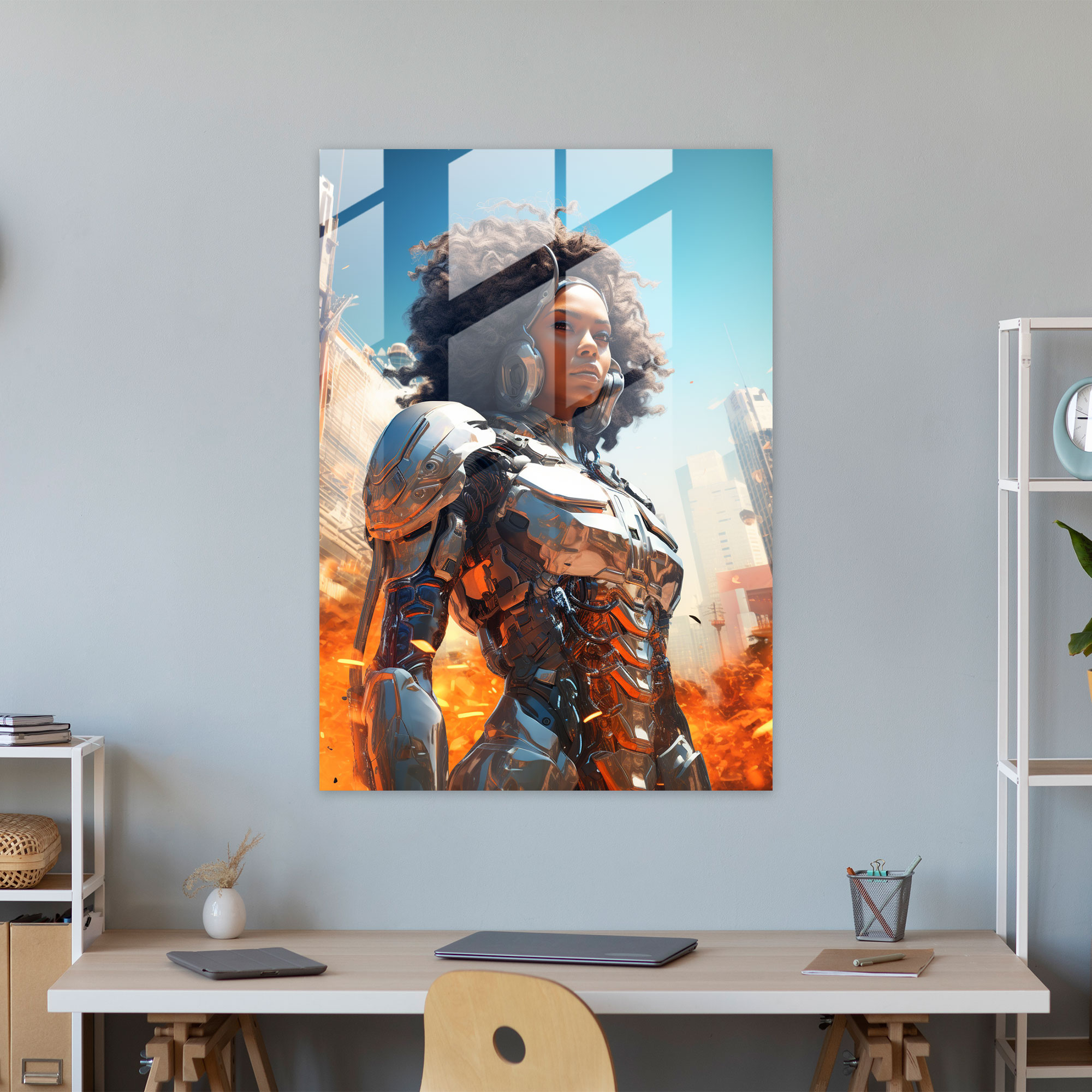 Afro Cyborg Cam Tablo - Afro Yüksek Teknoloji Şehir Cam Duvar Sanatı Duvar Dekorasyonu