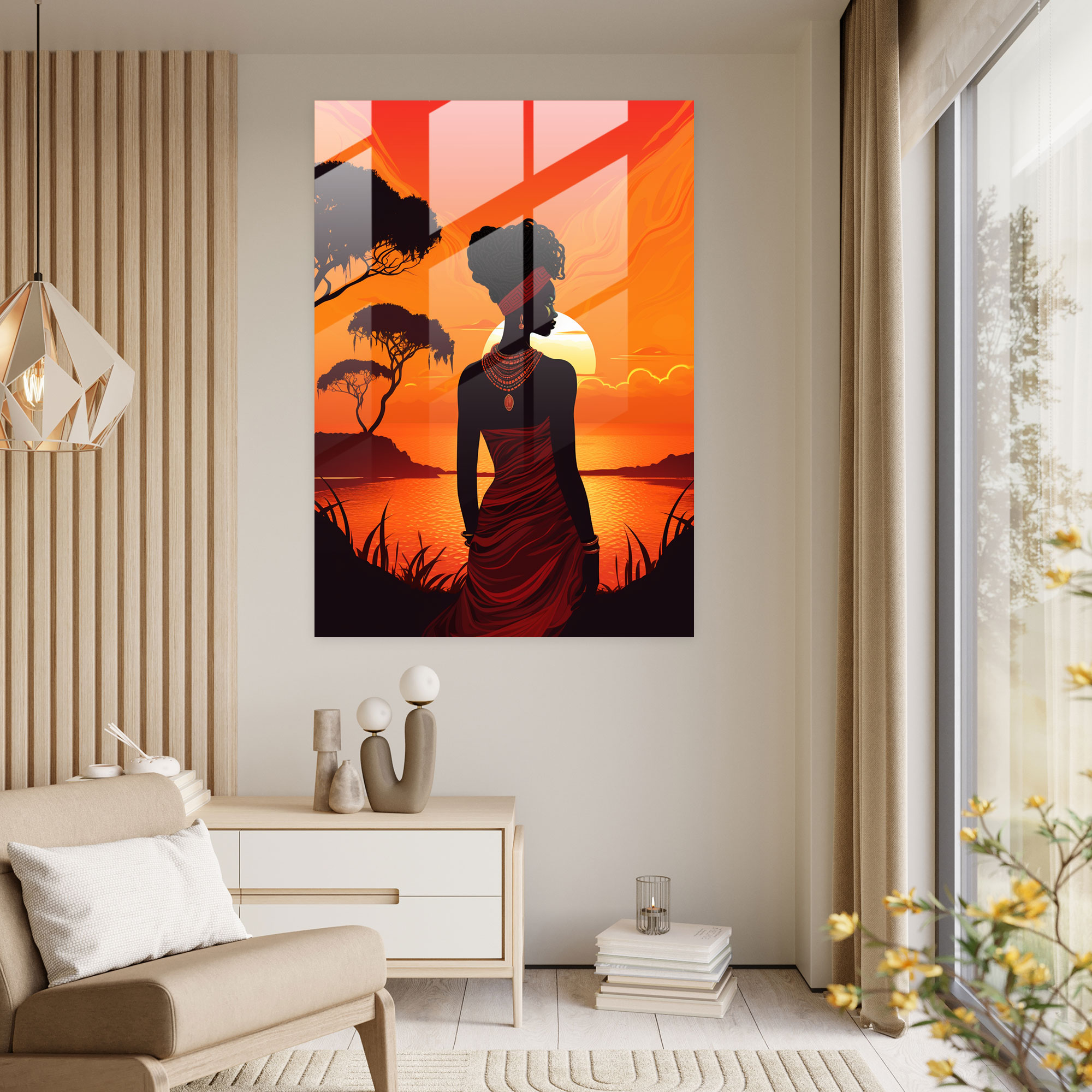 Afro Günbatımı Cam Tablo - Afro Modern Sanat Kültürel Zenginlik