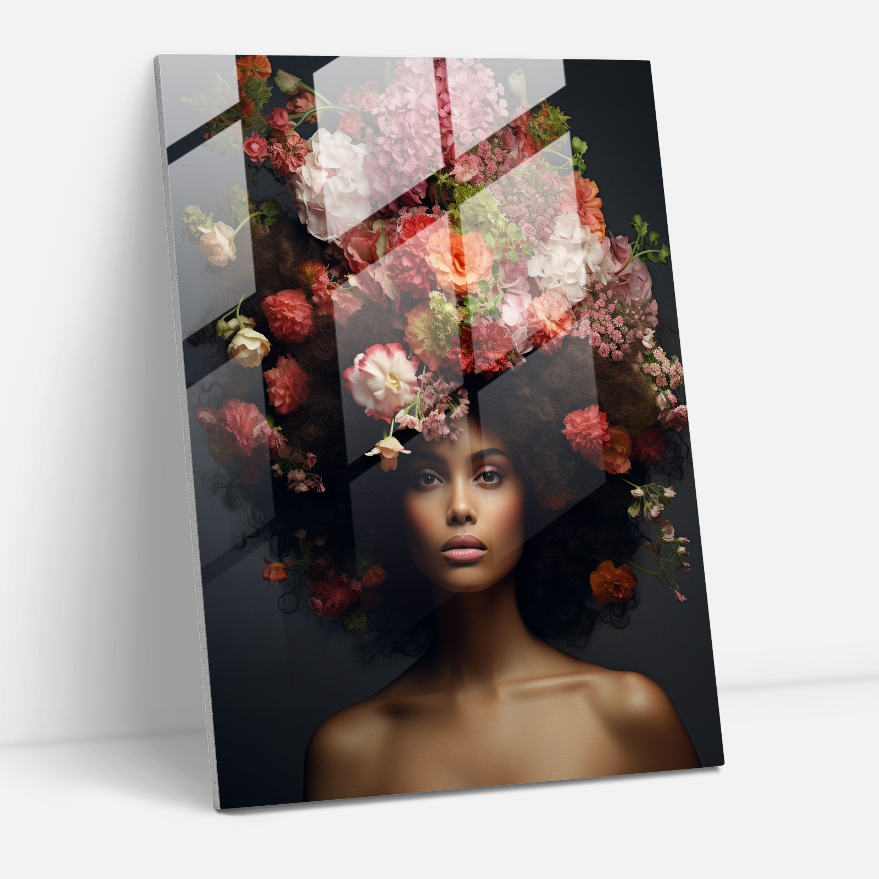 Floral Afro Glass Print - Afro, Floral Arrangement, Glass Print, Afro-Textured Hair