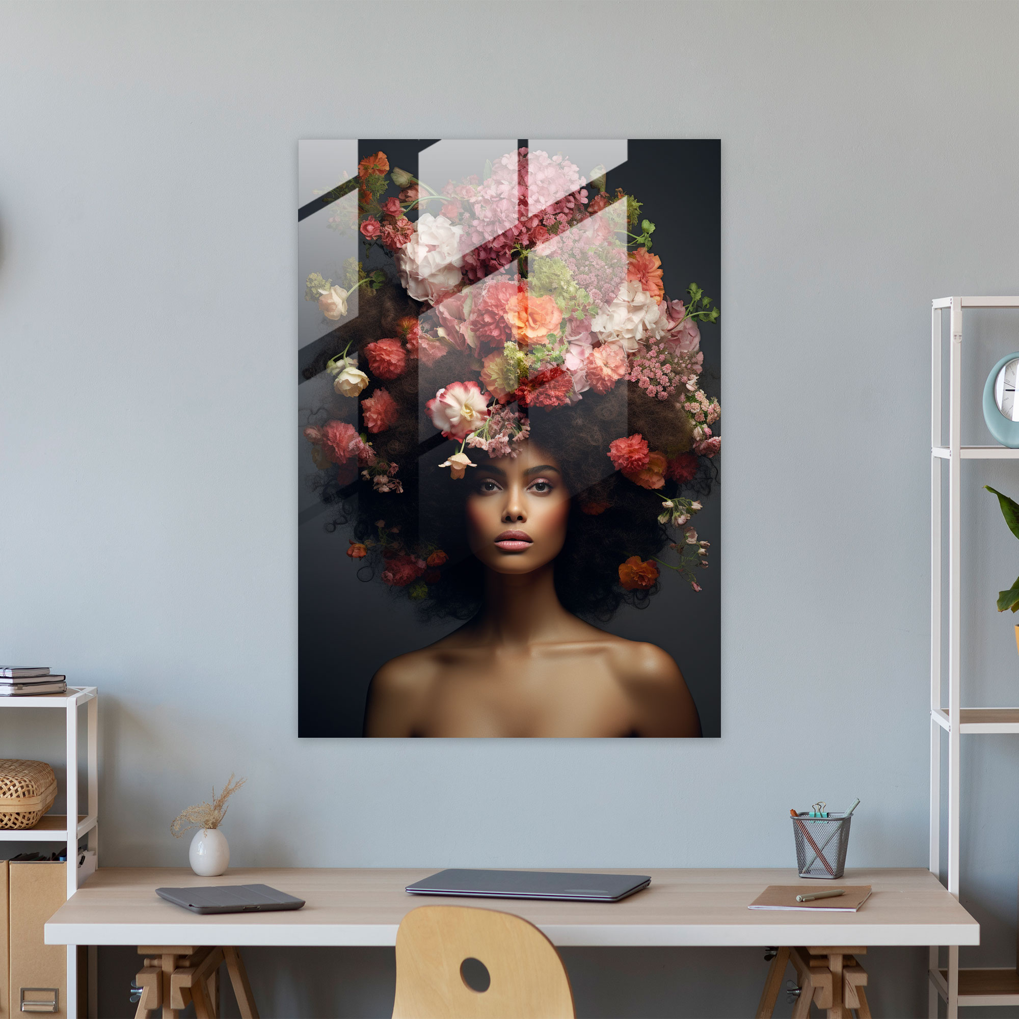 Floral Afro Glass Print - Afro, Floral Arrangement, Glass Print, Afro-Textured Hair