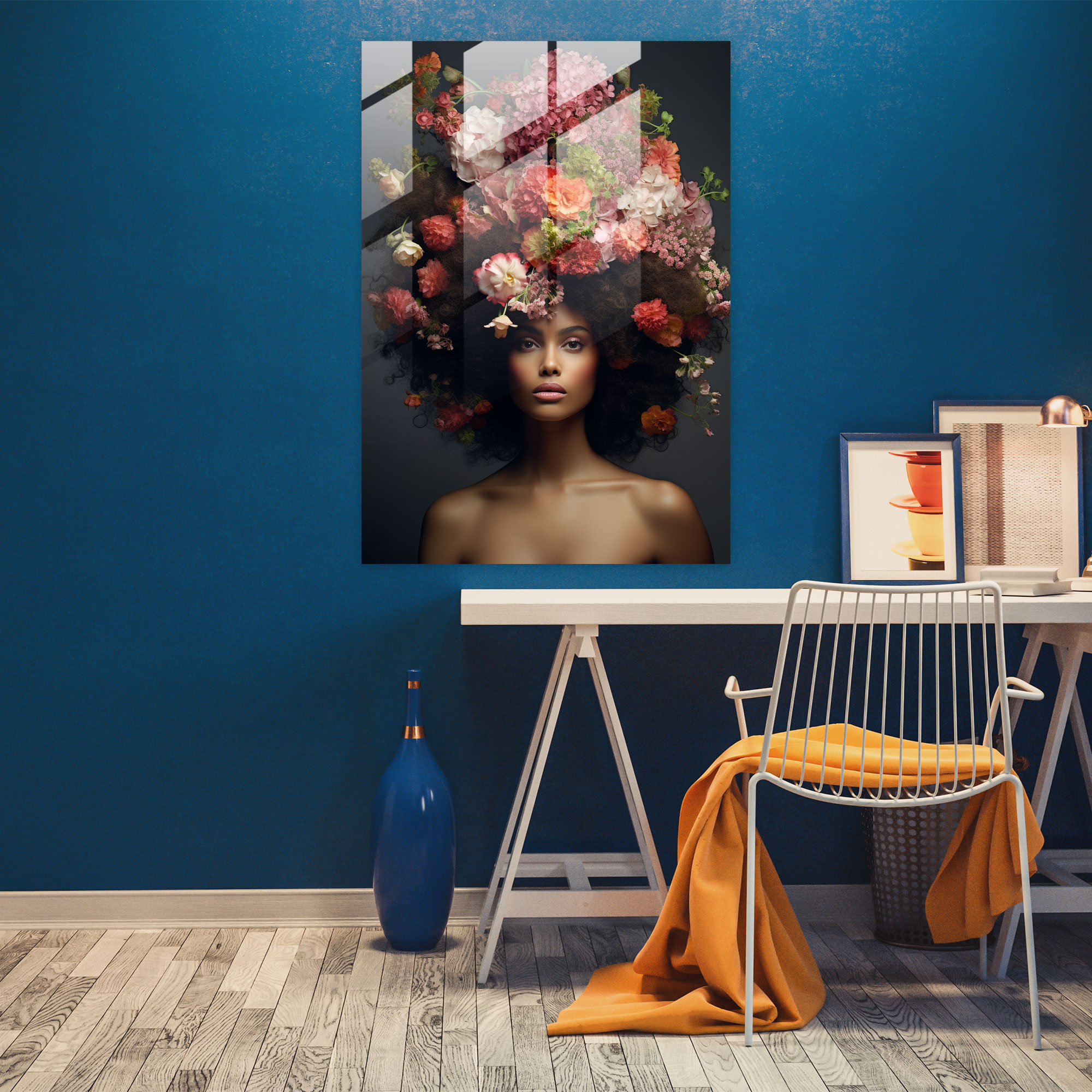 Floral Afro Glass Print - Afro, Floral Arrangement, Glass Print, Afro-Textured Hair