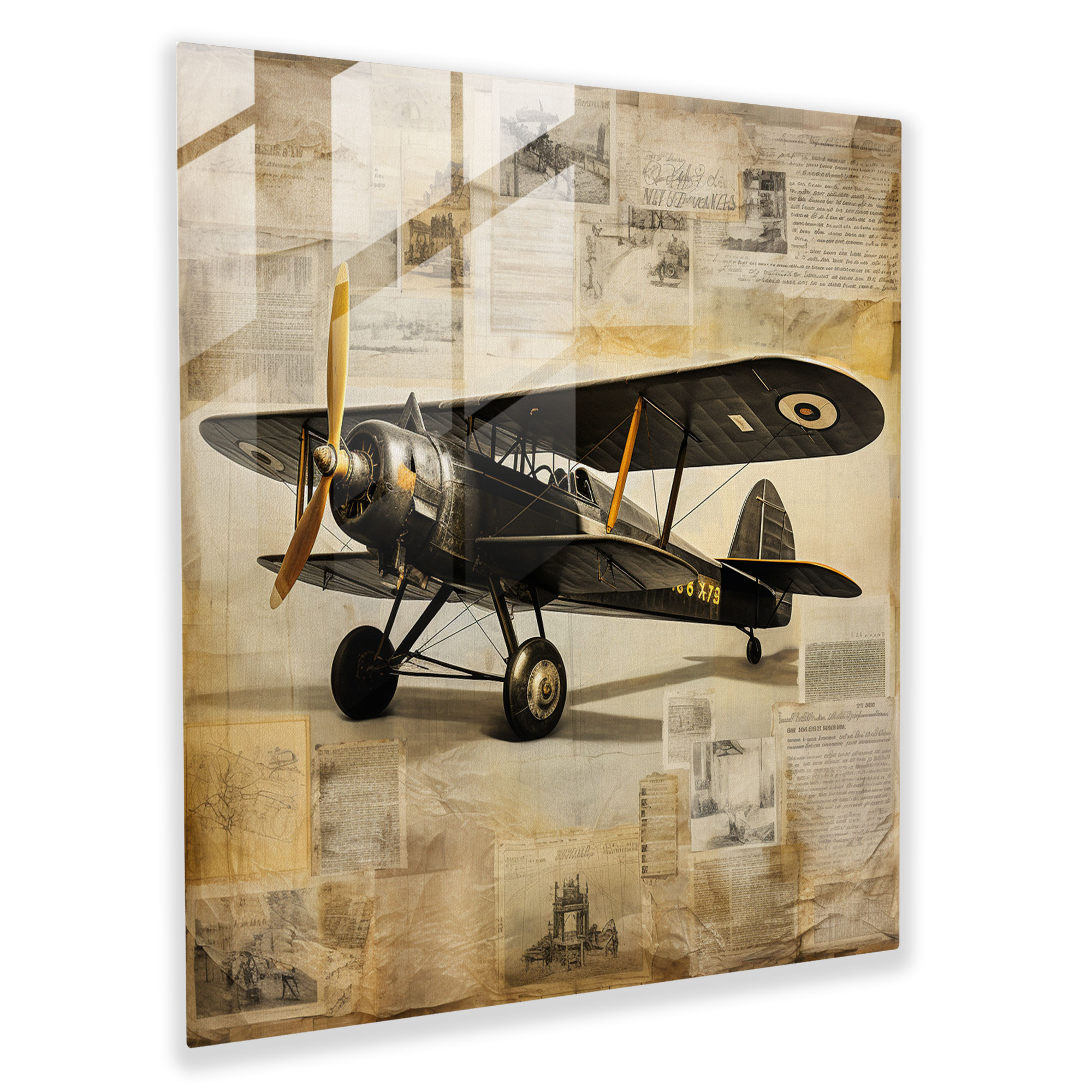 Airplane Glass Print - Airplane, Golden Age, Handwritten, Modern Art