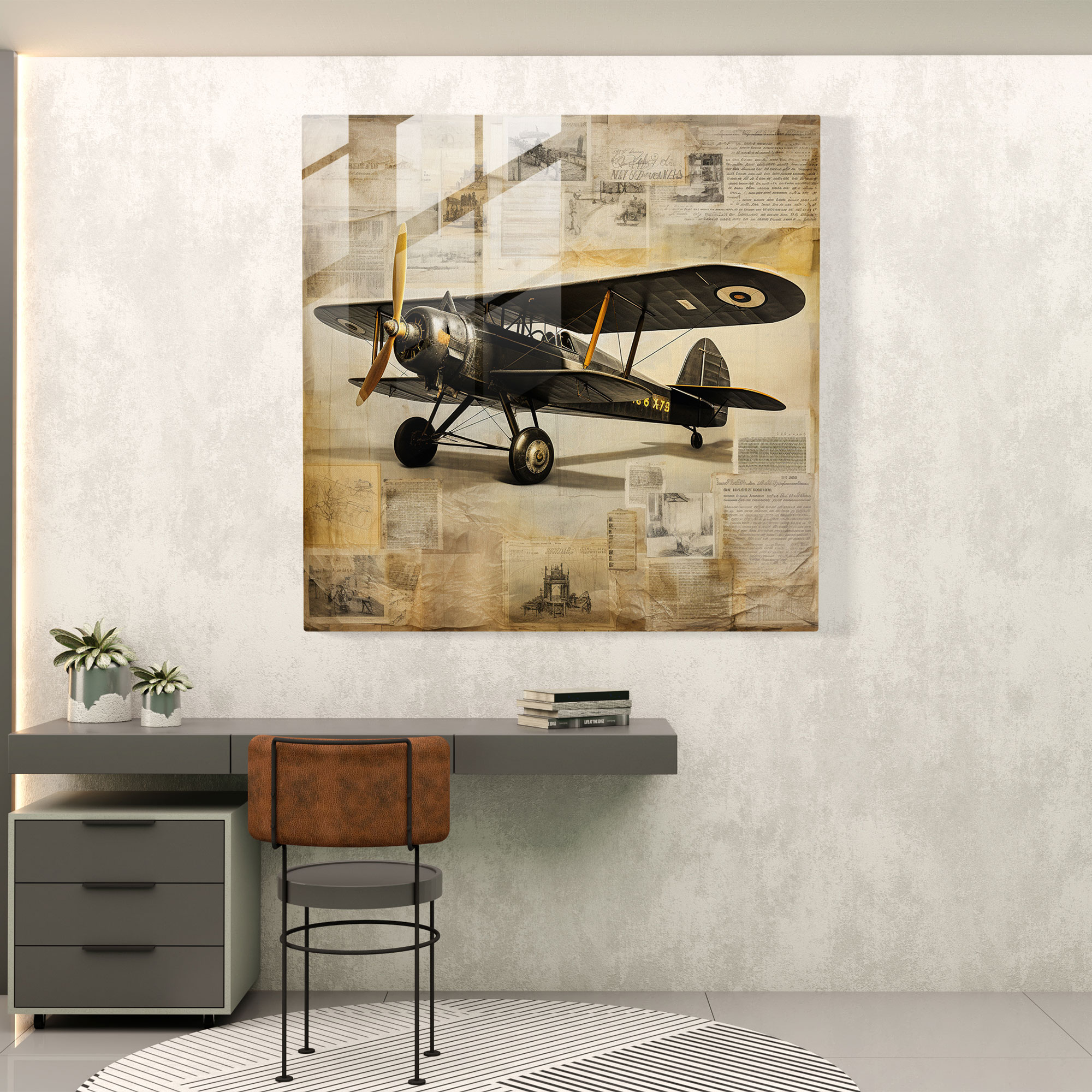 Airplane Glass Print - Airplane, Golden Age, Handwritten, Modern Art