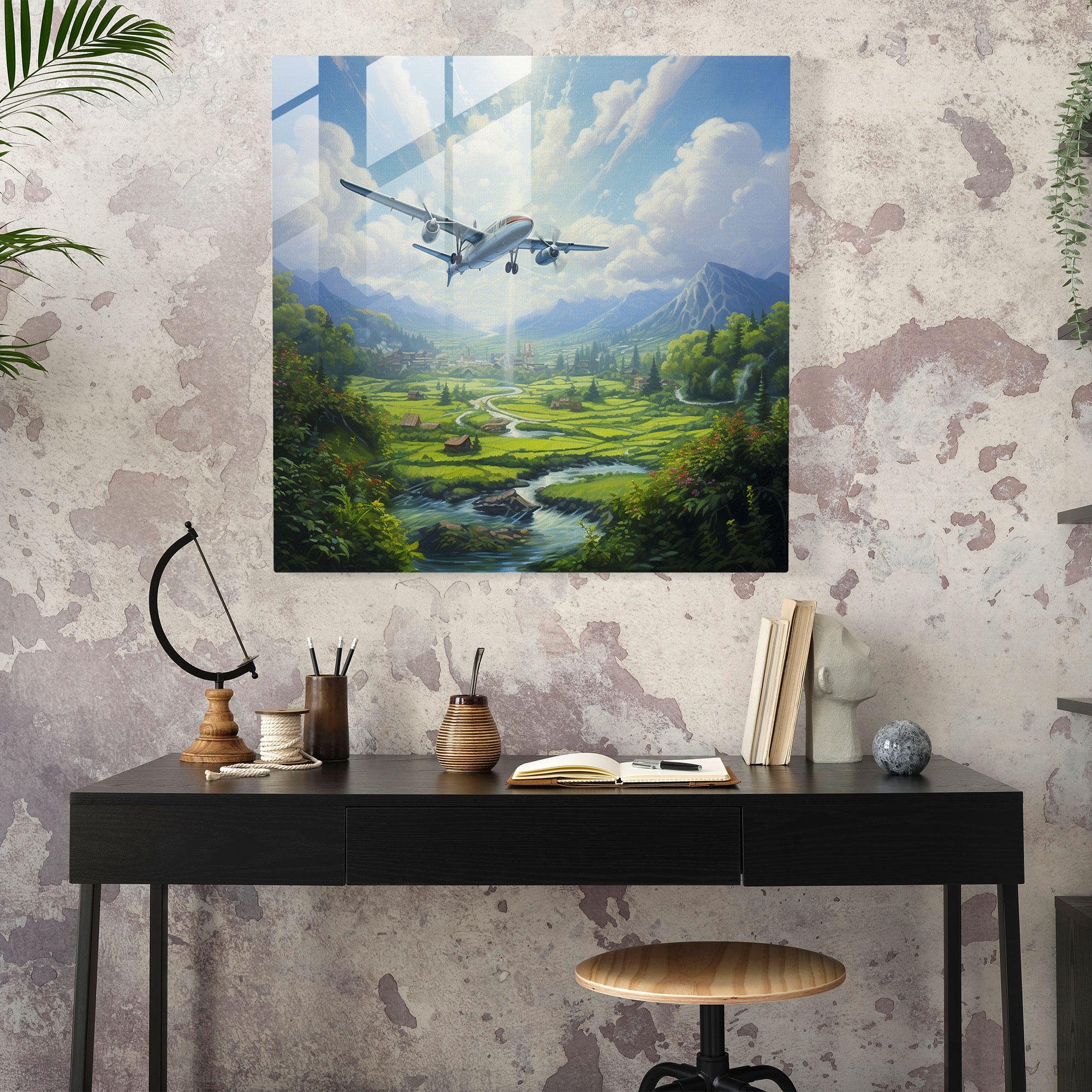 Airplane Glass Wall Art - Oil Painting - Airplane, Oil Painting, Flying Overhead, Glass Art