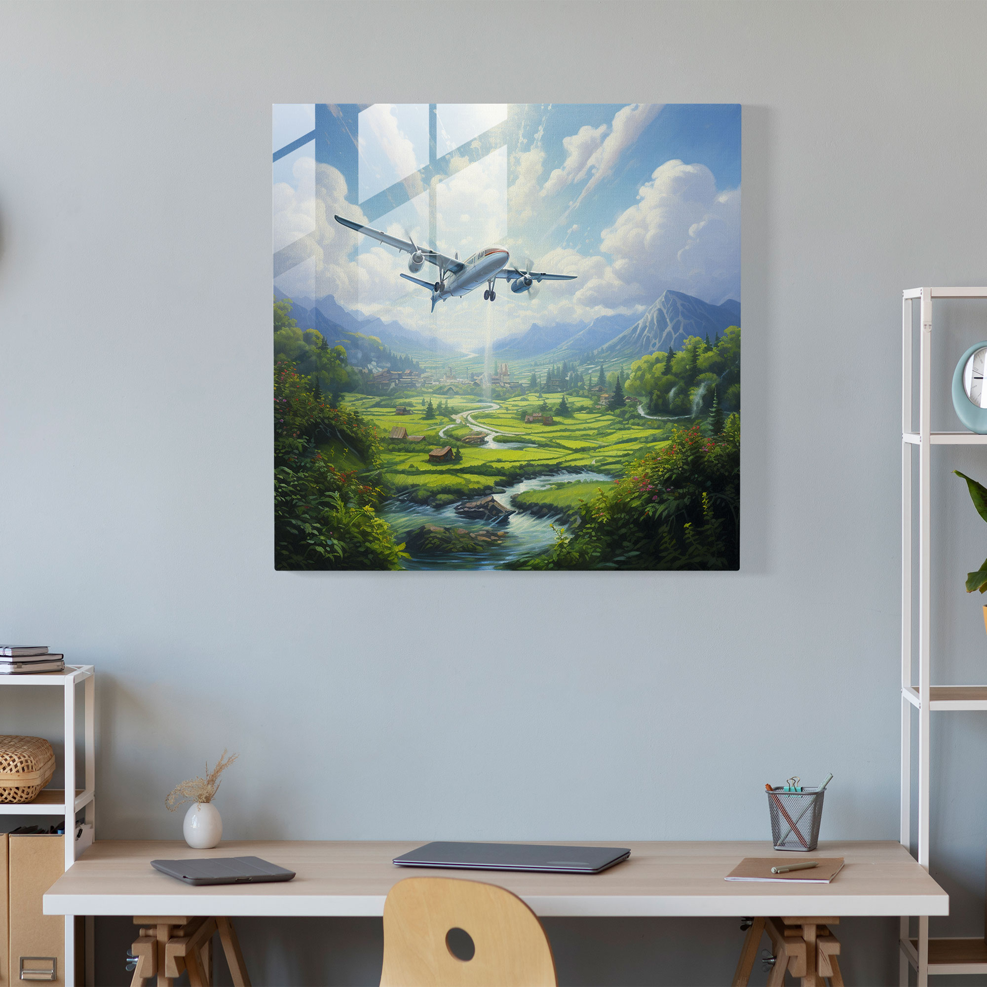 Airplane Glass Wall Art - Oil Painting - Airplane, Oil Painting, Flying Overhead, Glass Art