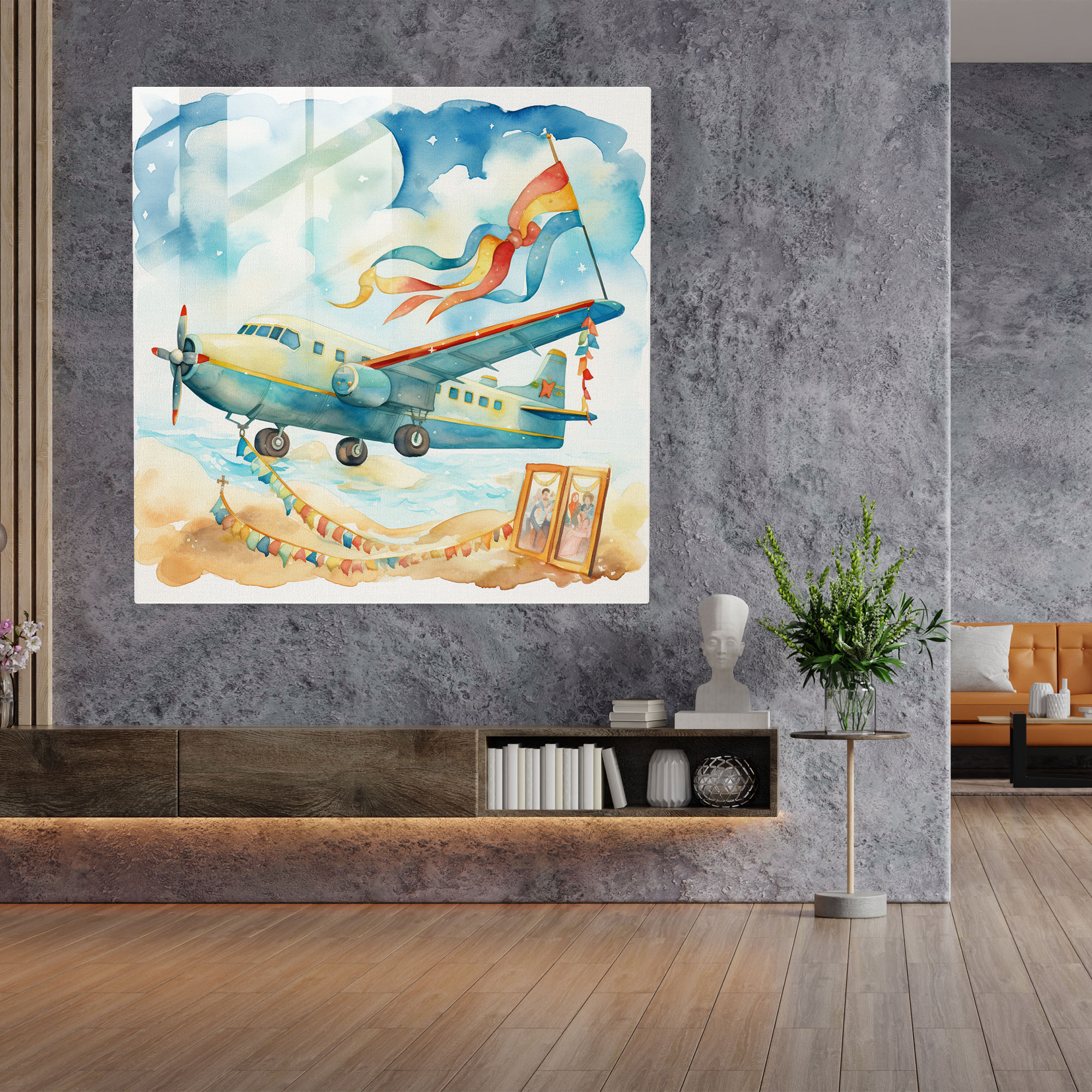 Airplane Glass Print - Watercolor Illustration - Airplane, Joy, Glass Wall Art, Celebration