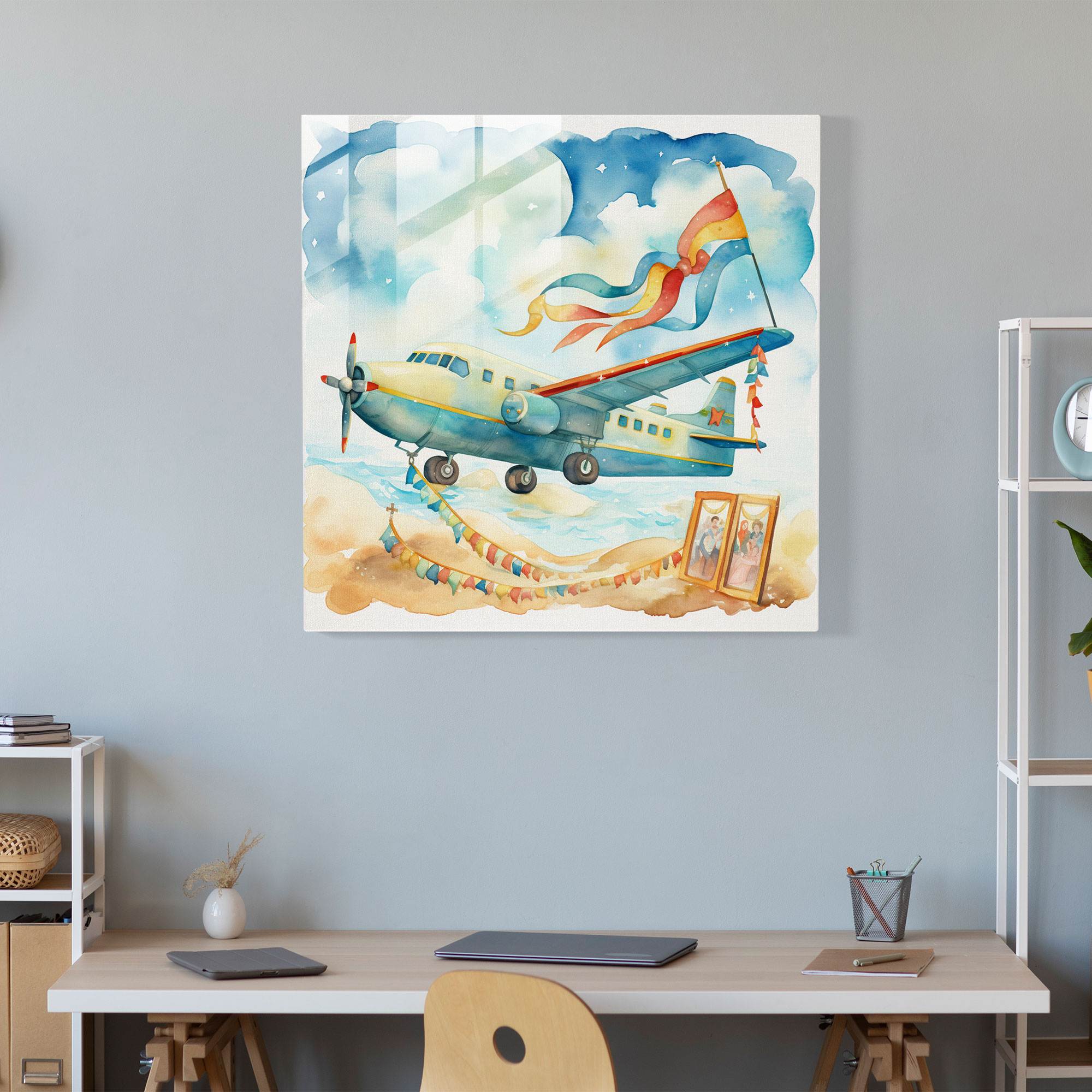 Airplane Glass Print - Watercolor Illustration - Airplane, Joy, Glass Wall Art, Celebration