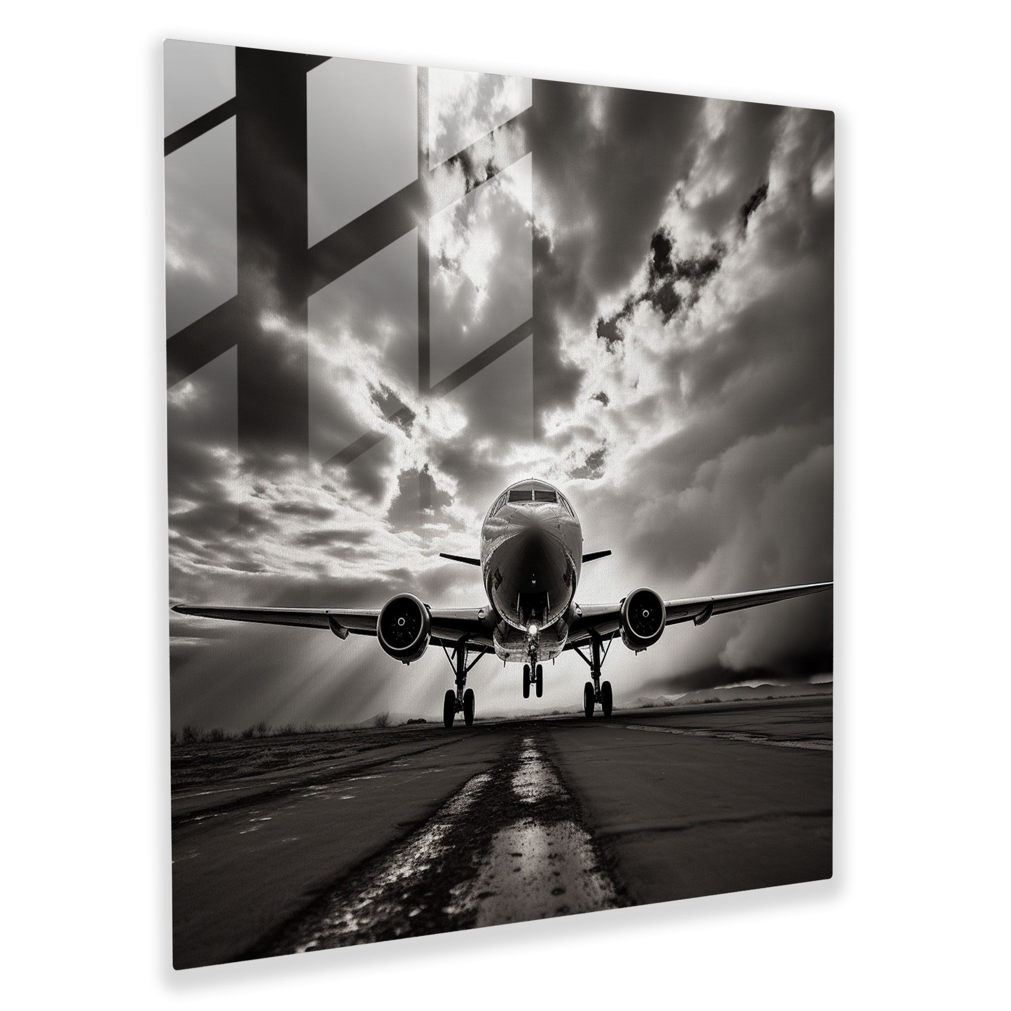 Airplane Glass Wall Art - Black And White Photograph - Airplane, Dramatic Sky, Glass Print, Airplane