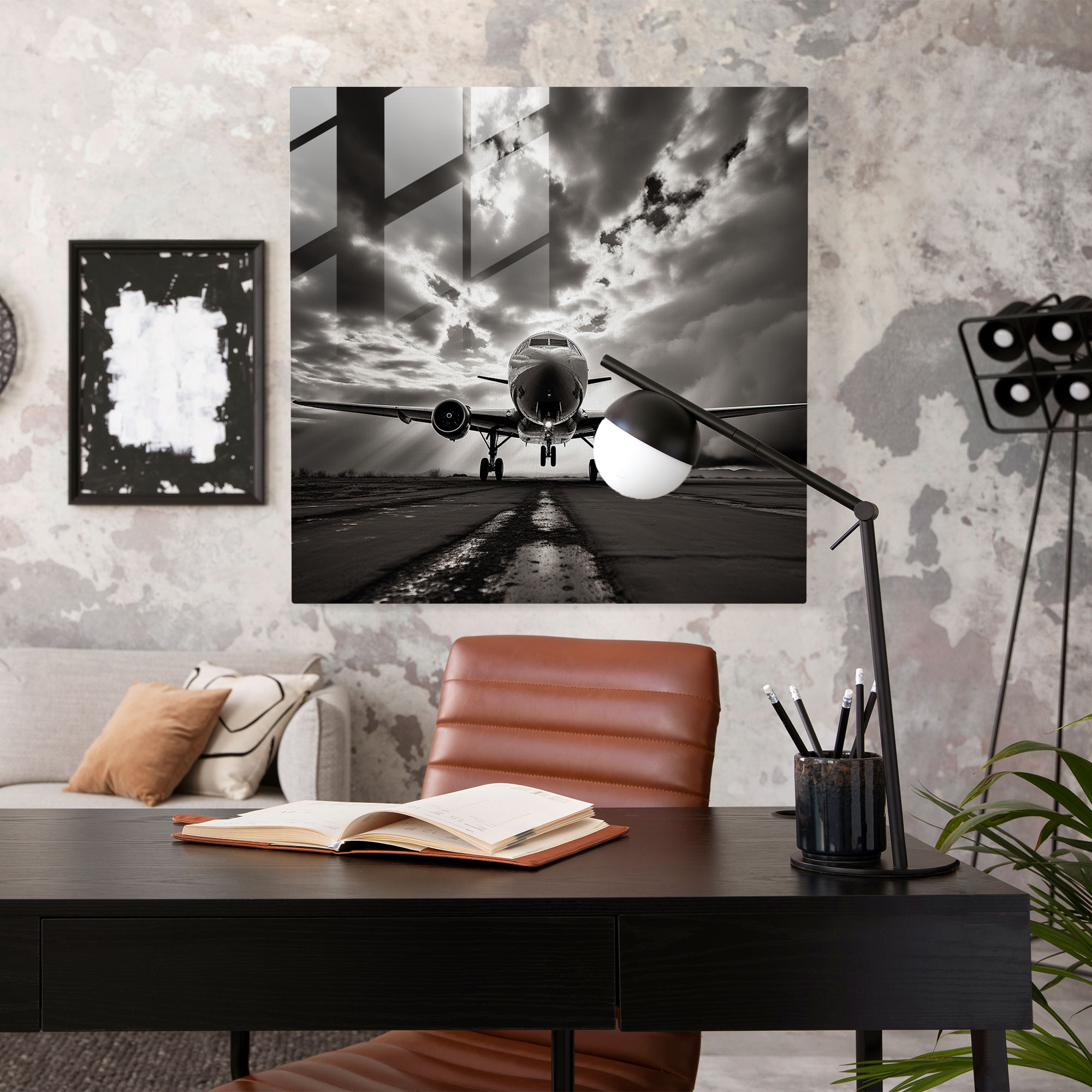 Airplane Glass Wall Art - Black And White Photograph - Airplane, Dramatic Sky, Glass Print, Airplane
