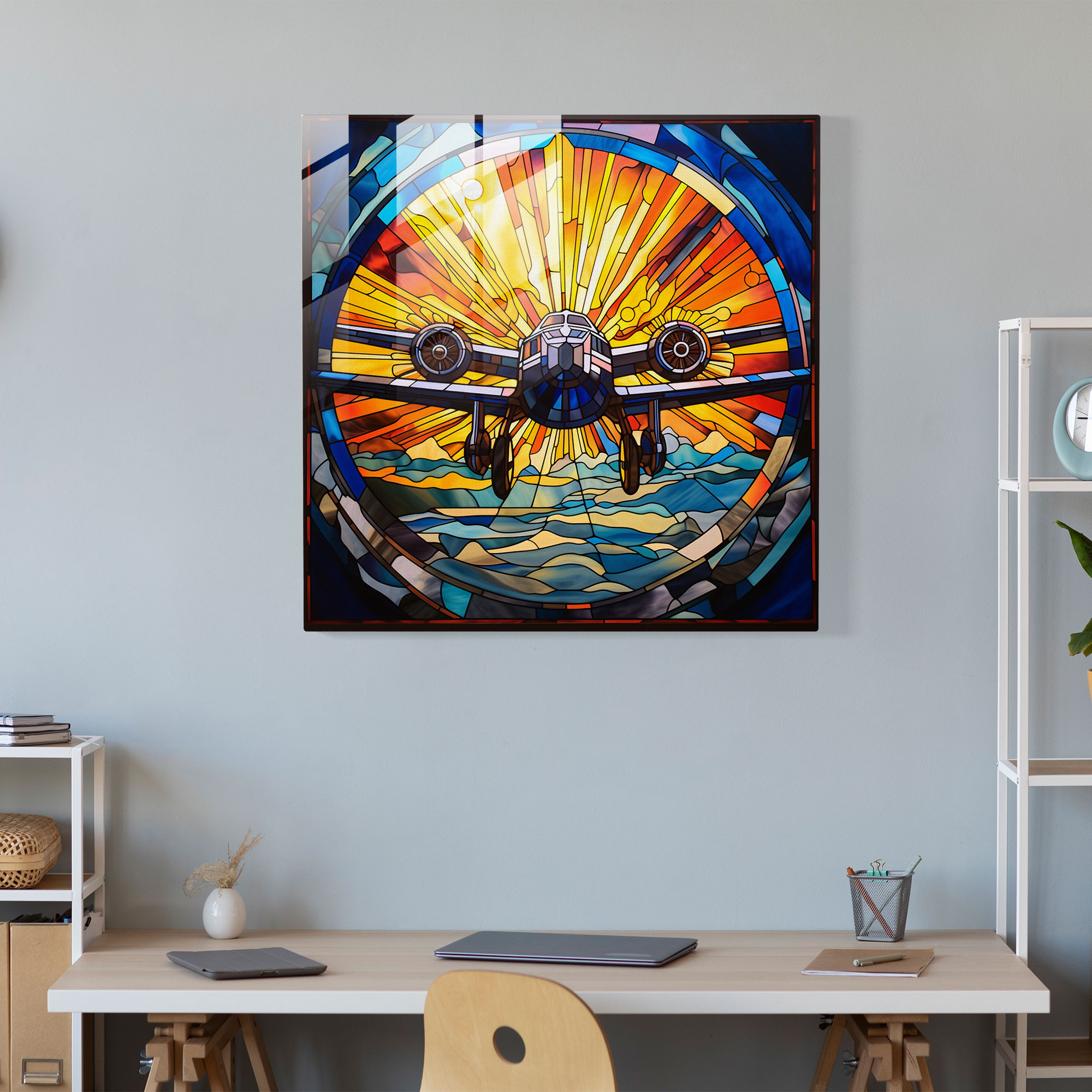 Airplane Glass Print - Stained Glass Art - Airplane, Translucent, Mesmerizing Depiction, Wall Decoration