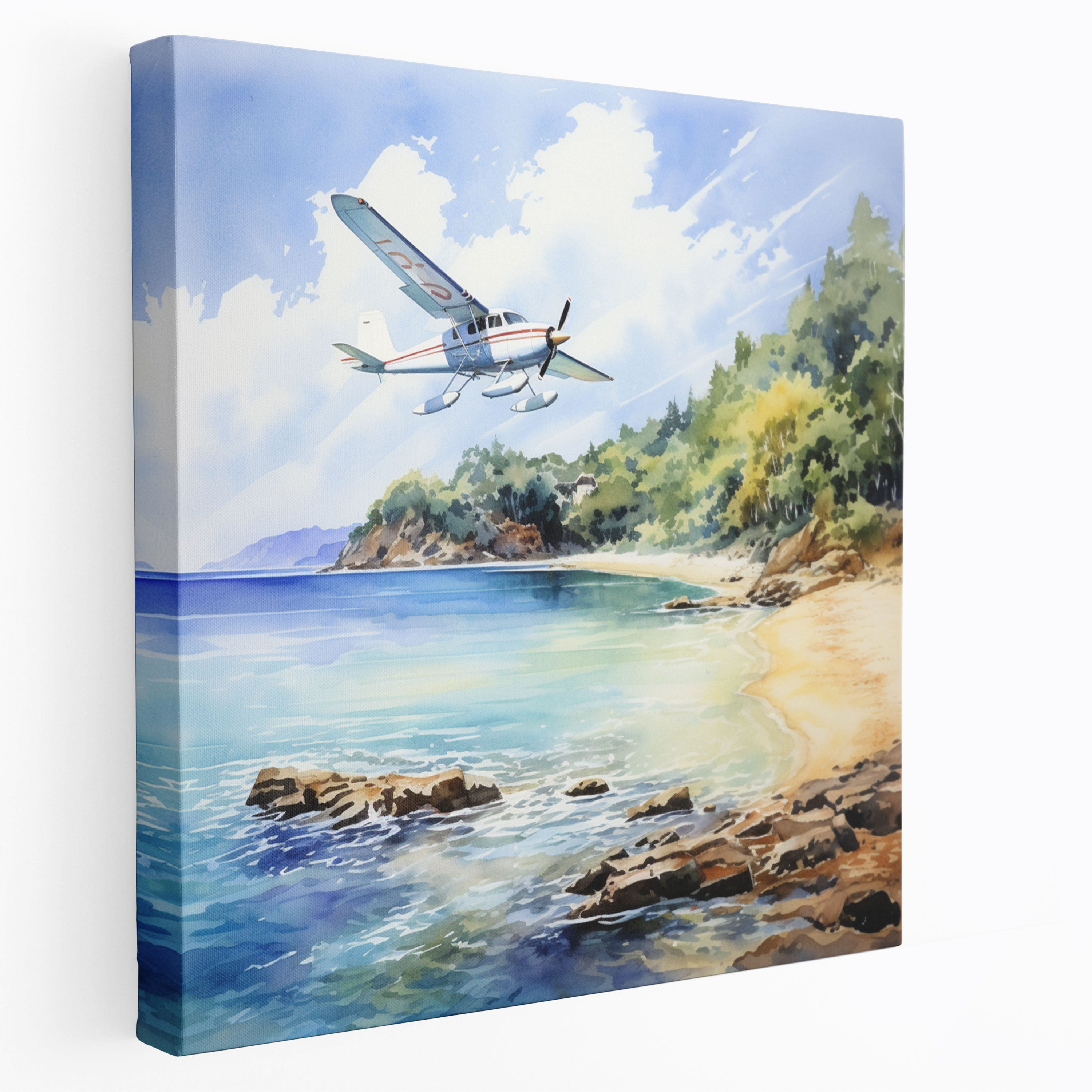 Coastal Airplane Canvas Print - Airplane, Watercolor Painting, Wall Decoration, Airplane