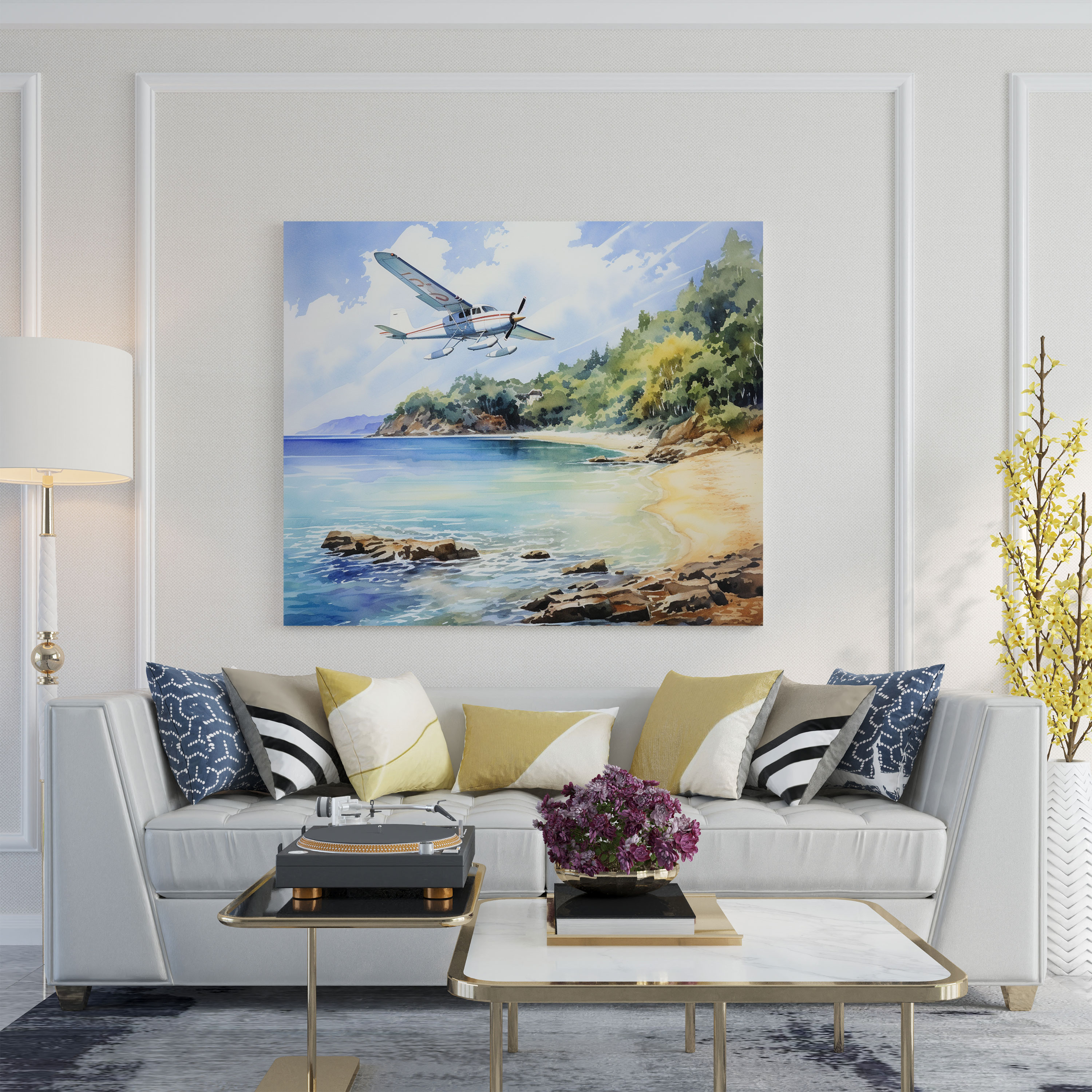 Coastal Airplane Canvas Print - Airplane, Watercolor Painting, Wall Decoration, Airplane