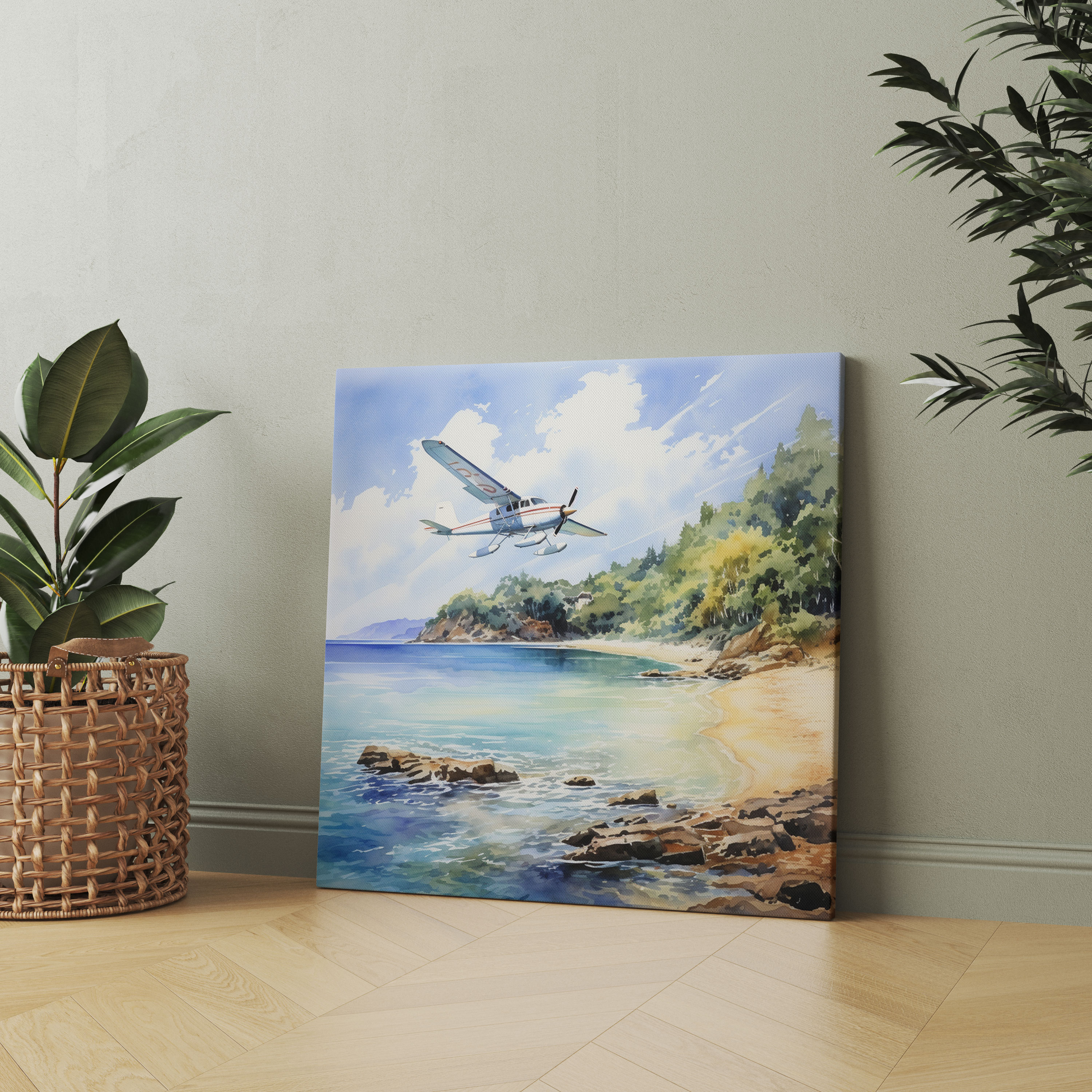 Coastal Airplane Canvas Print - Airplane, Watercolor Painting, Wall Decoration, Airplane