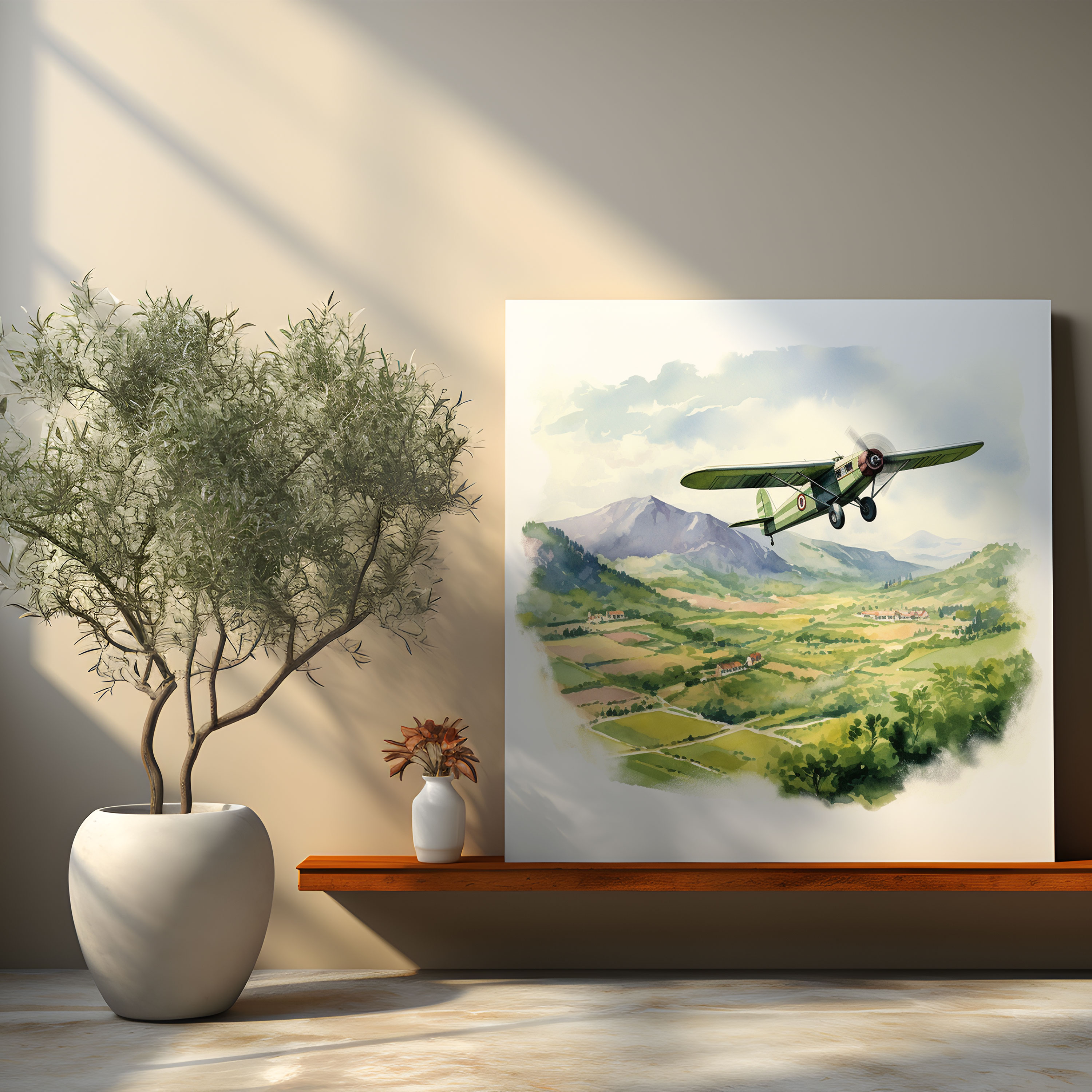 Leinwandbild Vintage Flugzeug - Aquarell-Illustration - Wanddekoration - Flugzeug Landschaft Leinwandkunst Wanddekoration