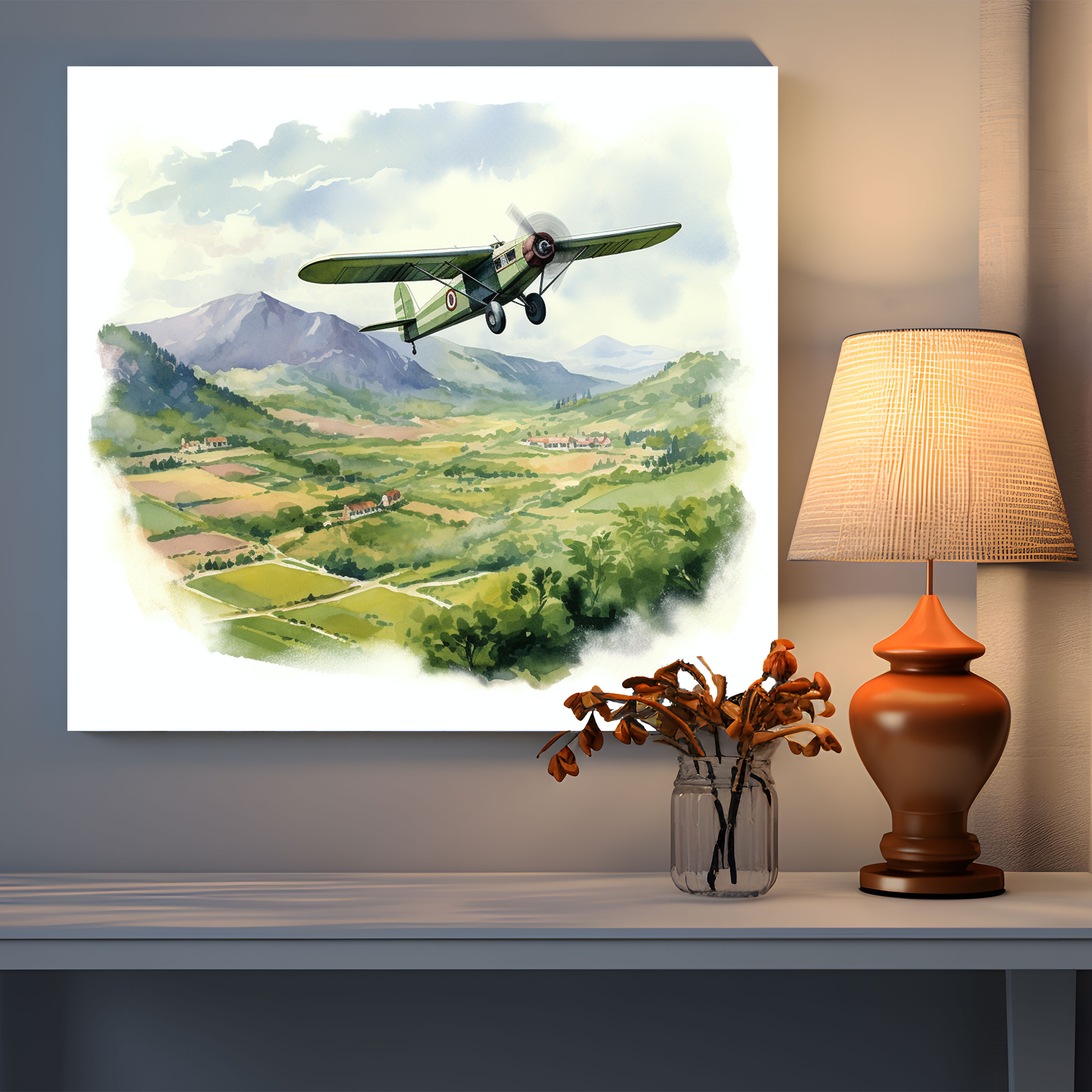 Leinwandbild Vintage Flugzeug - Aquarell-Illustration - Wanddekoration - Flugzeug Landschaft Leinwandkunst Wanddekoration