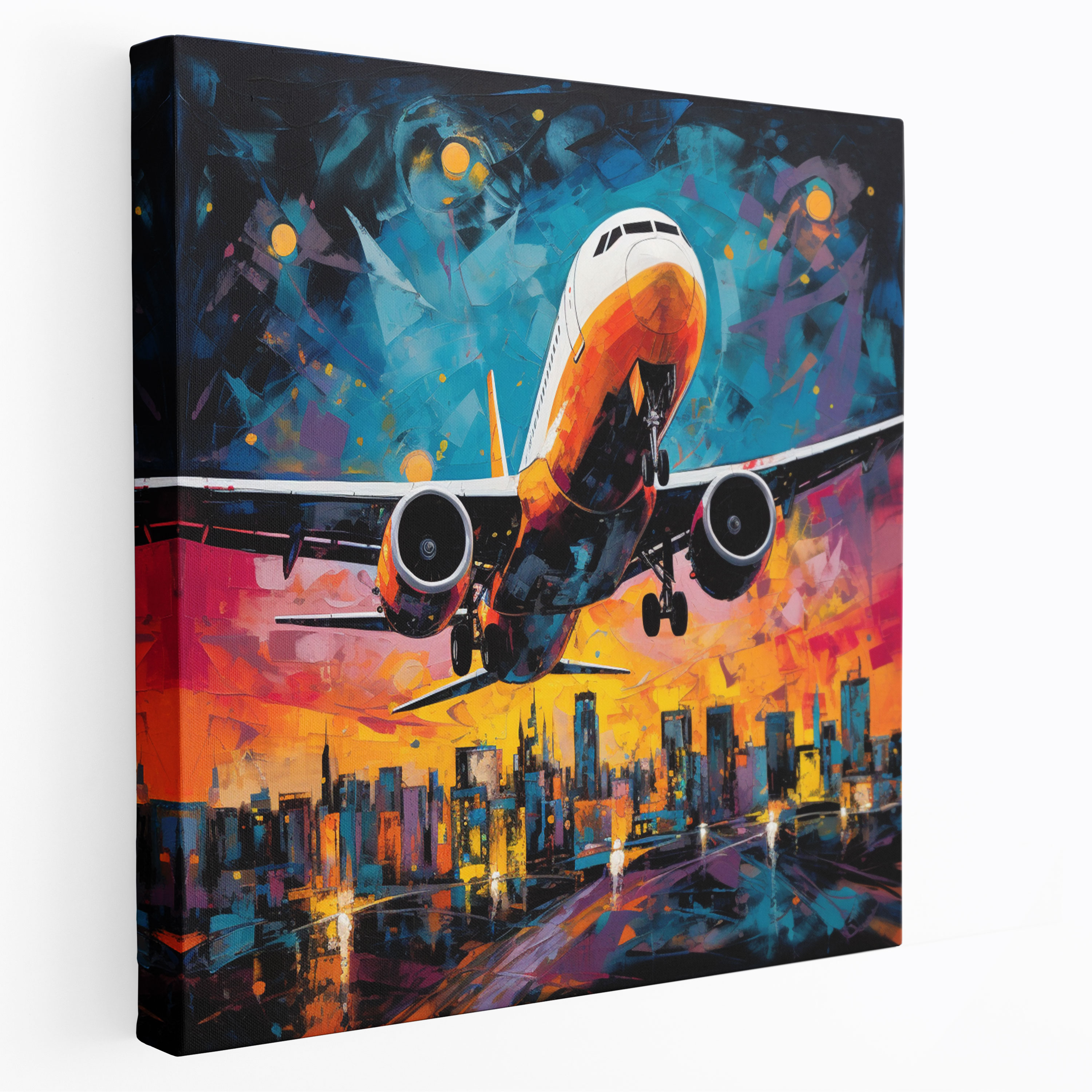 Airplane Wall Art - Abstract Mixed Media Canvas Print - Airplane, Vibrant Colors, City Lights, Wall Decoration