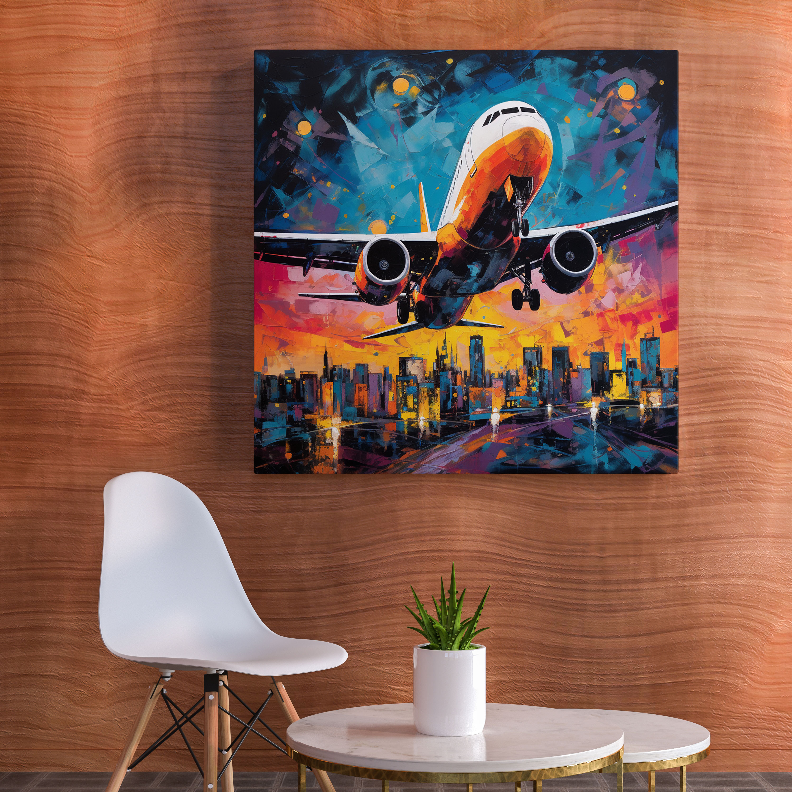 Airplane Wall Art - Abstract Mixed Media Canvas Print - Airplane, Vibrant Colors, City Lights, Wall Decoration