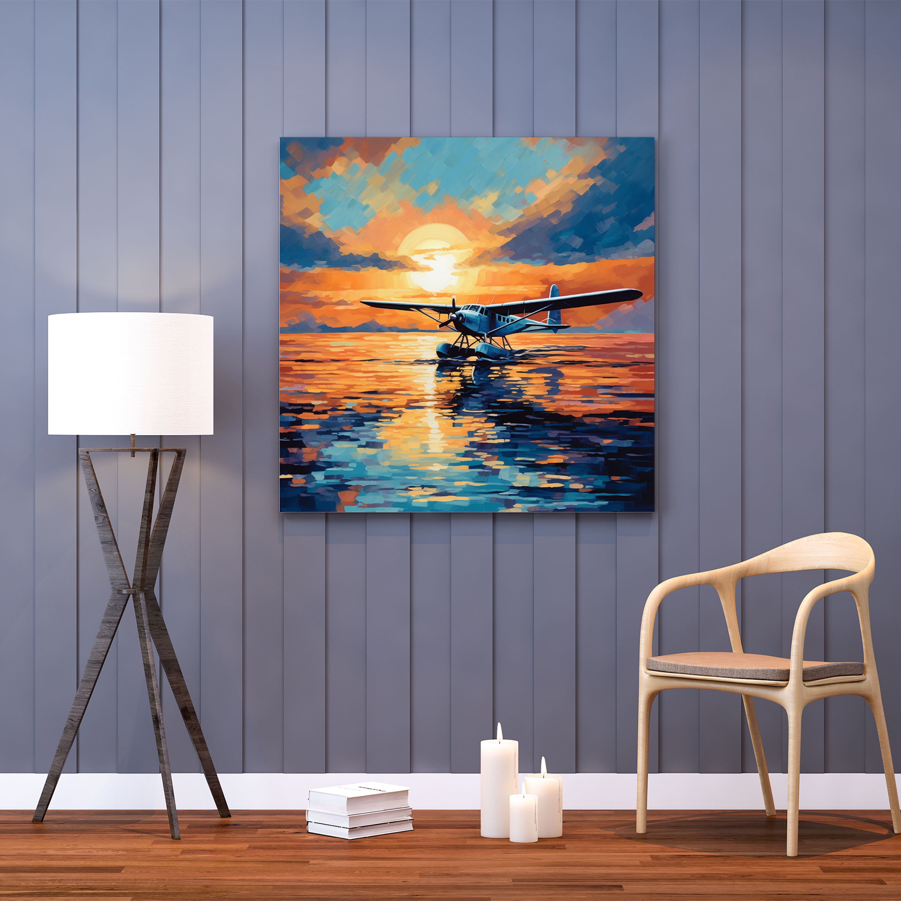 Airplane Canvas Print - Impressionist Sunset Wall Decoration - Airplane, Blue Waters, Canvas Wall Art, Tranquil