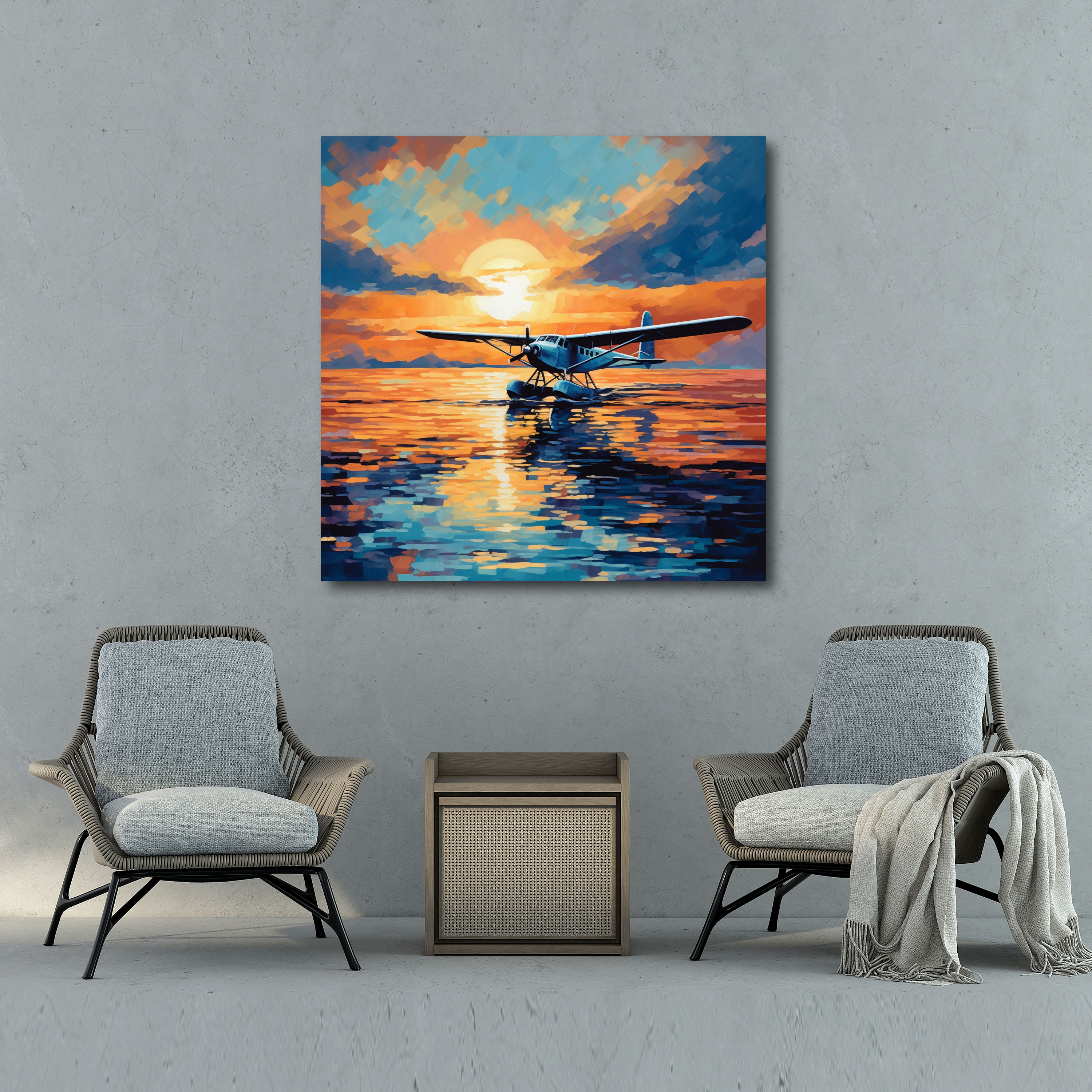 Airplane Canvas Print - Impressionist Sunset Wall Decoration - Airplane, Blue Waters, Canvas Wall Art, Tranquil