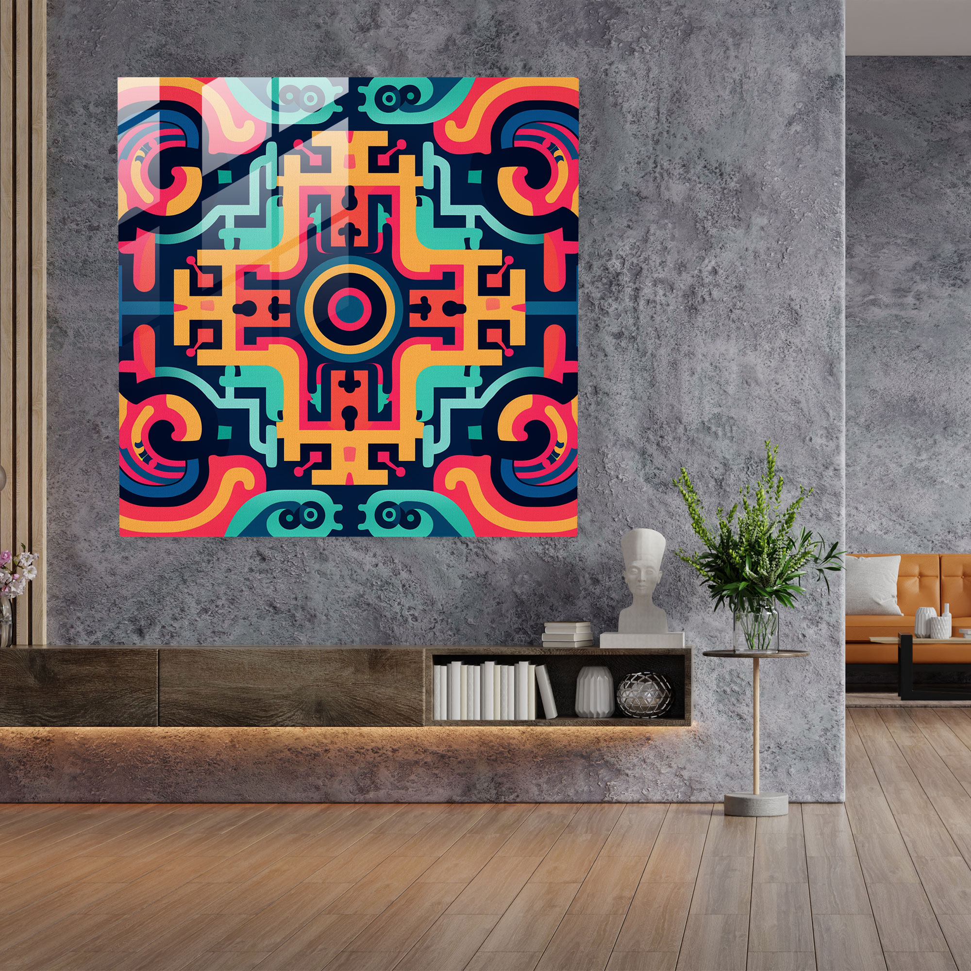 Asya Esintili Geometrik Cam Tablo Baskısı - Asya Duvar Dekorasyonu Geometrik Desen Modern Sanat
