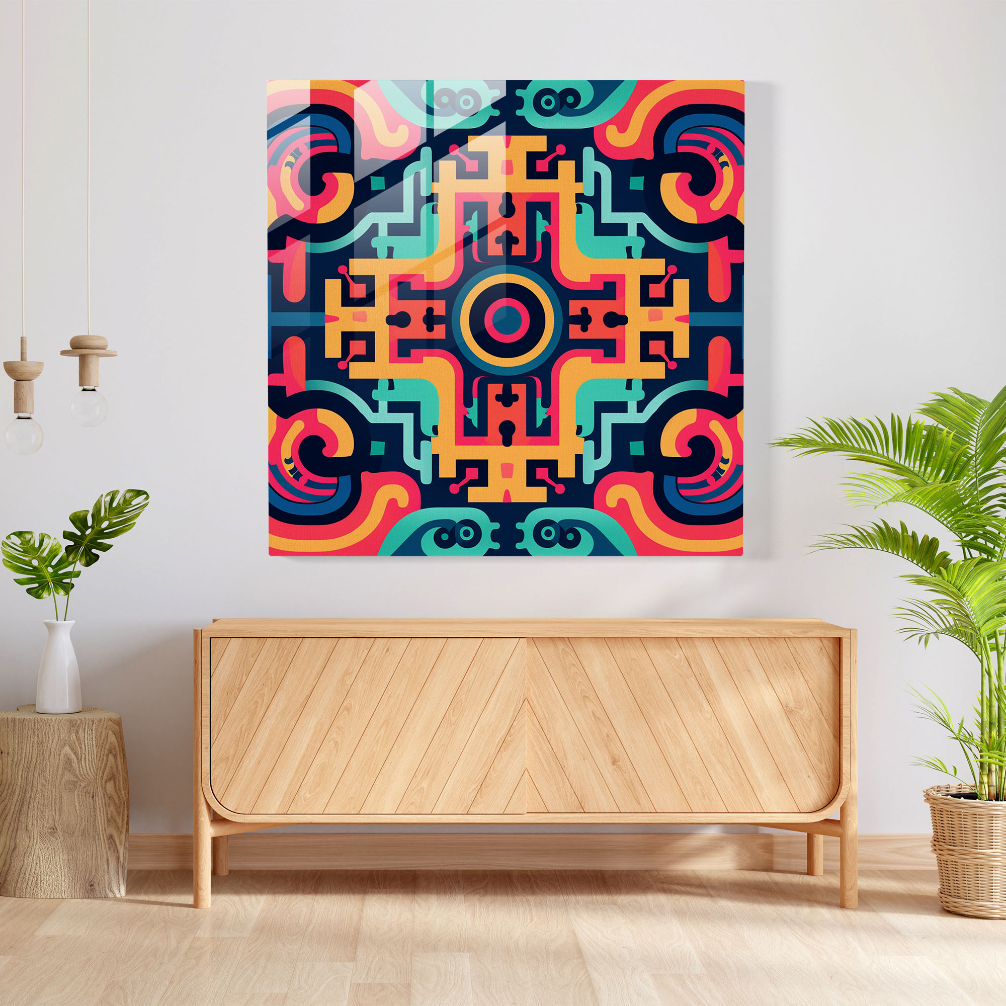 Asya Esintili Geometrik Cam Tablo Baskısı - Asya Duvar Dekorasyonu Geometrik Desen Modern Sanat