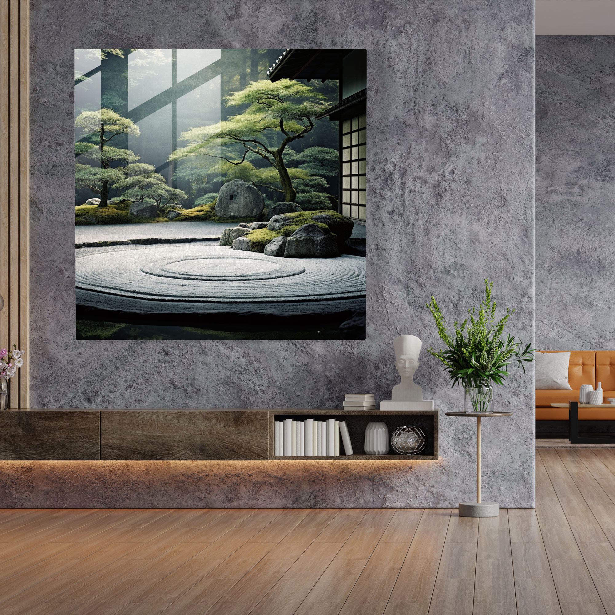 Asian Zen Glass Print - Asian, Japanese Zen Garden, Calming Atmosphere, Minimalist
