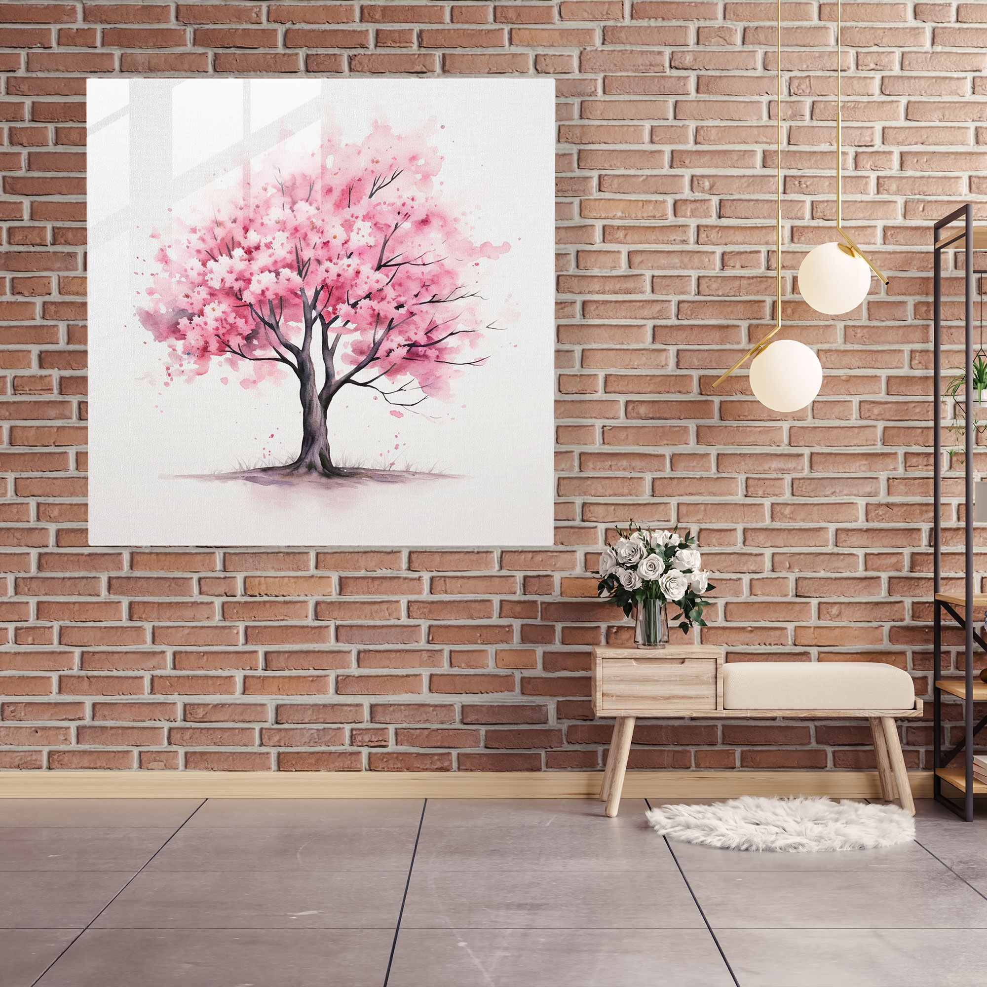 Asya Çiçekleri Cam Tablosu - Asya Kiraz Çiçeği Ağacı Minimalist Sulu Boya Çizimi Cam Duvar Sanatı