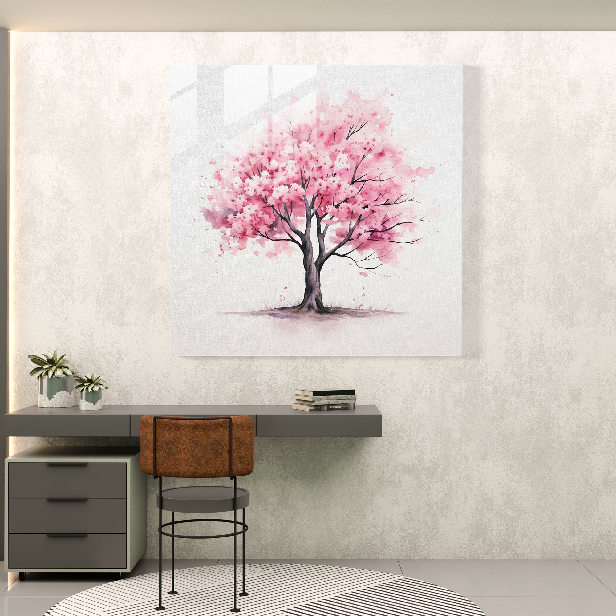 Asya Çiçekleri Cam Tablosu - Asya Kiraz Çiçeği Ağacı Minimalist Sulu Boya Çizimi Cam Duvar Sanatı