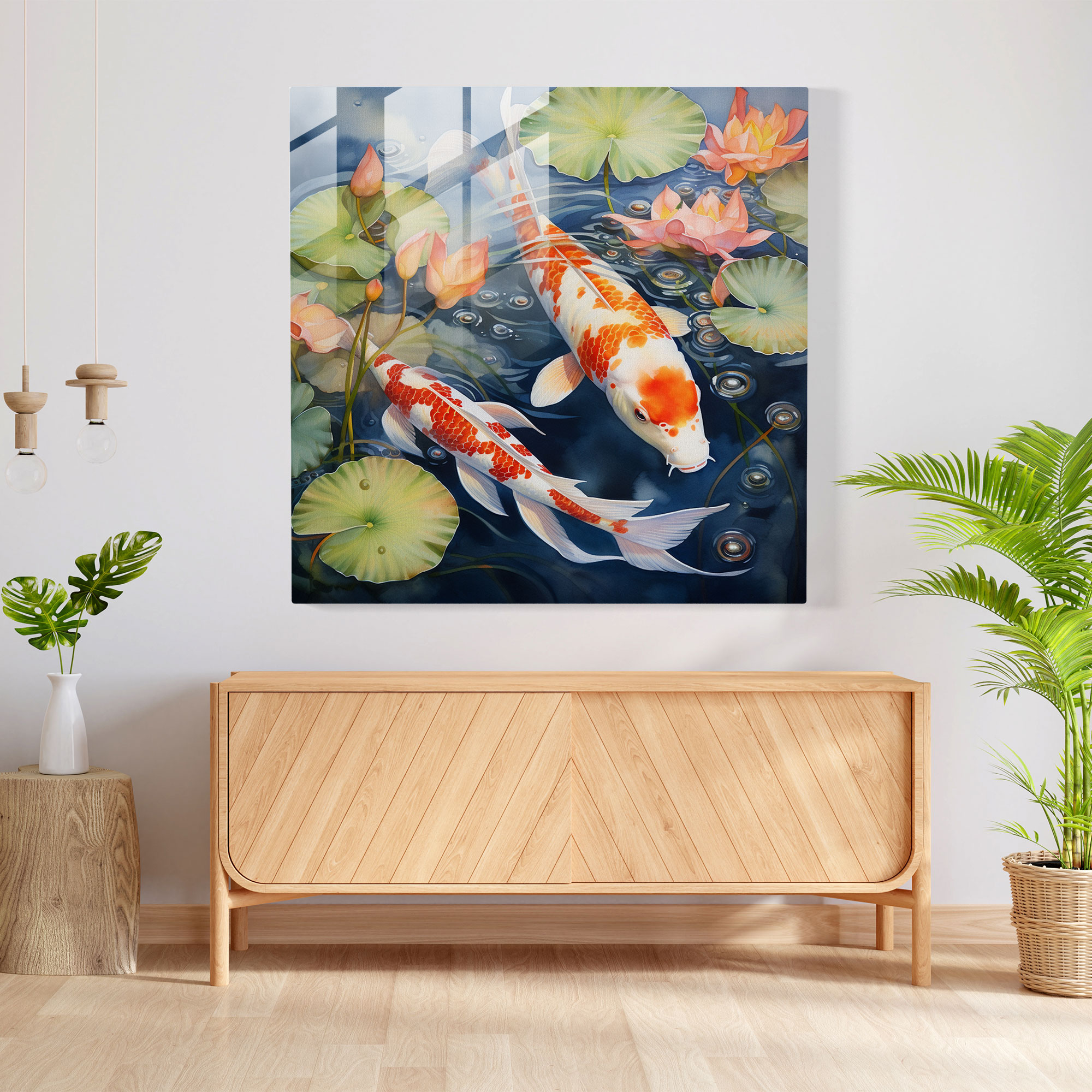 Asian Watercolor Glass Print - Asian, Watercolor Painting, Lotus Flowers, Lily Pads